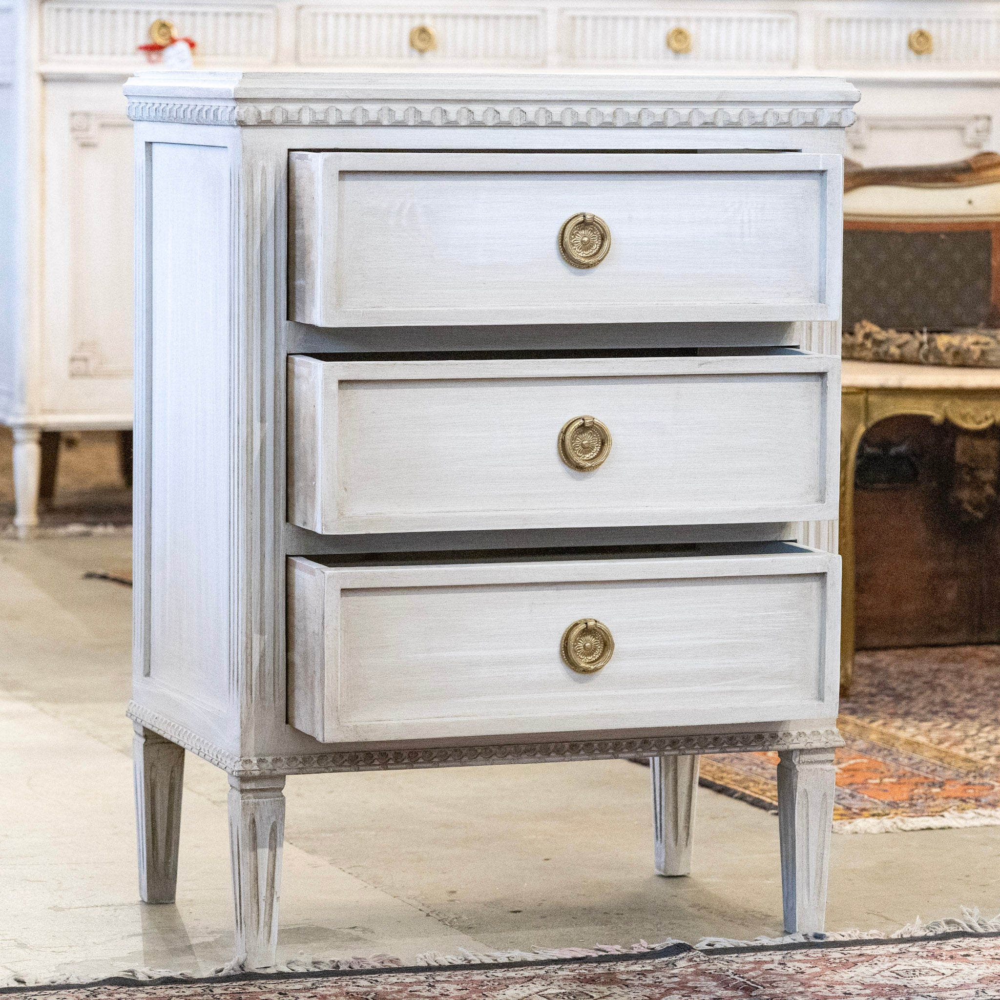 Swedish 3-Drawer Nightstand – Plain Trim in Distressed Antique White - Image 3