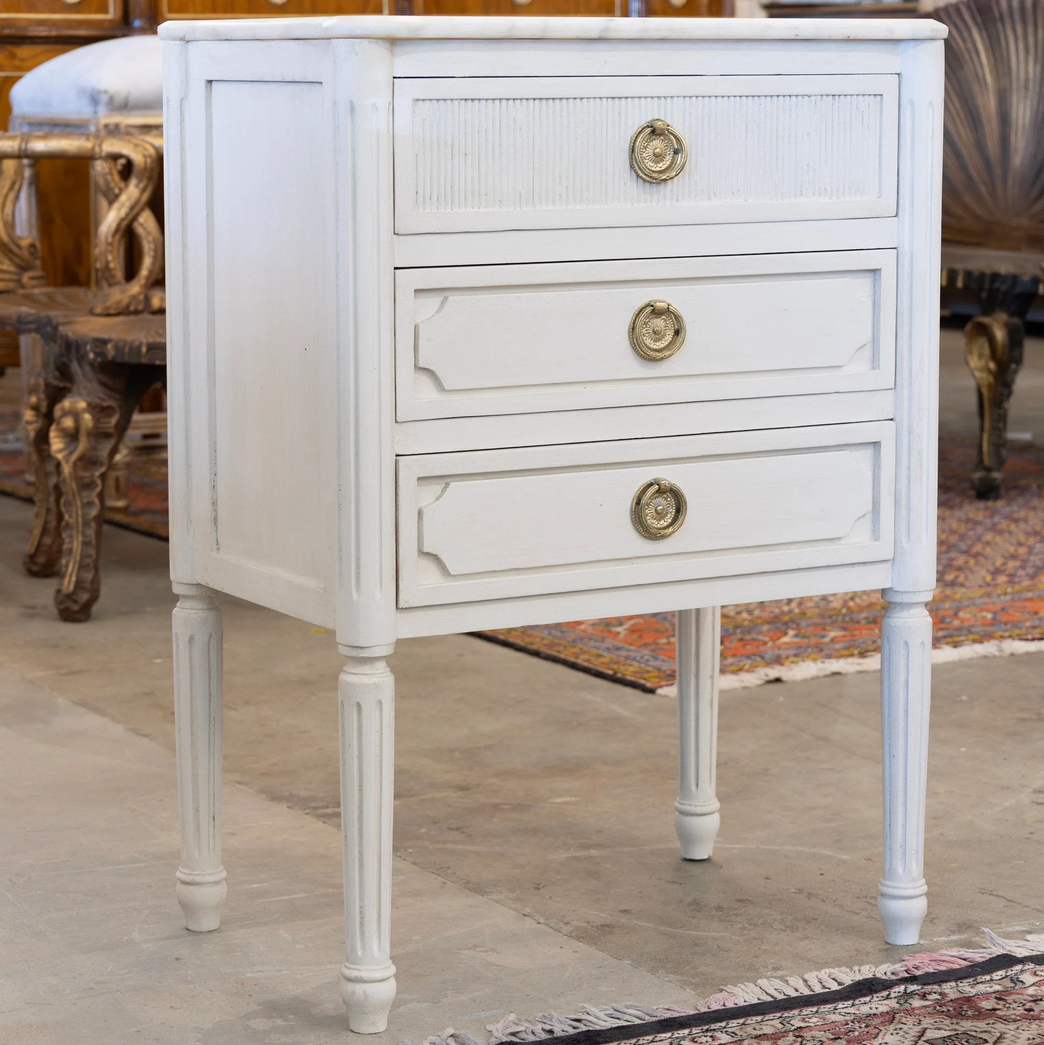 Swedish 3-Drawer Nightstand – Reeded and Carved Detailing & Marble Top in Dove White - Image 2