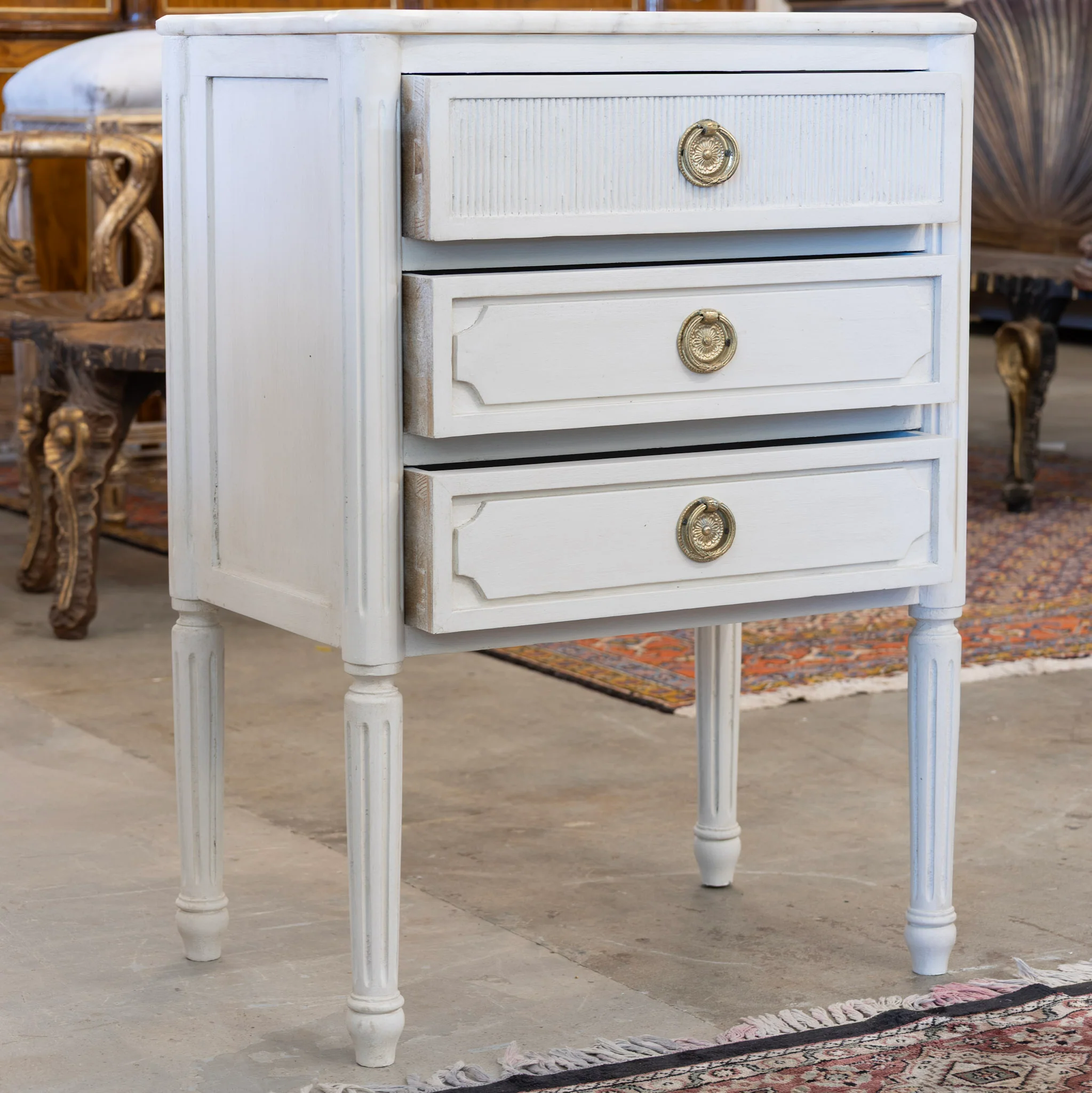 Swedish 3-Drawer Nightstand – Reeded and Carved Detailing & Marble Top in Dove White - Image 3