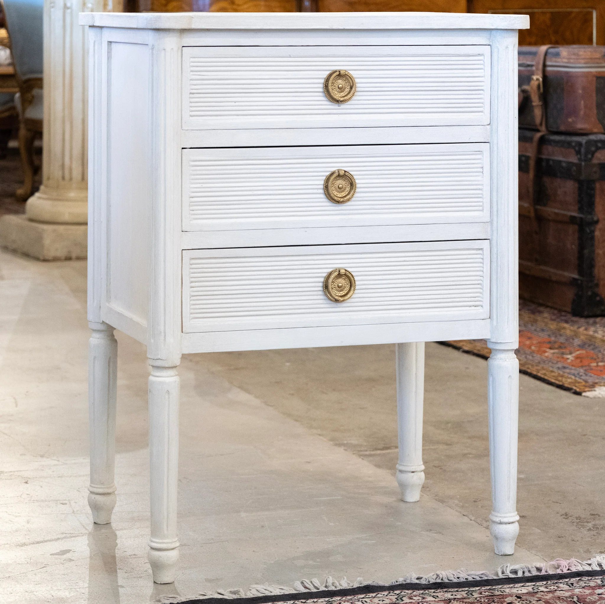 Swedish 3-Drawer Nightstand – Reeded Drawers & Tall Rounded Legs in White