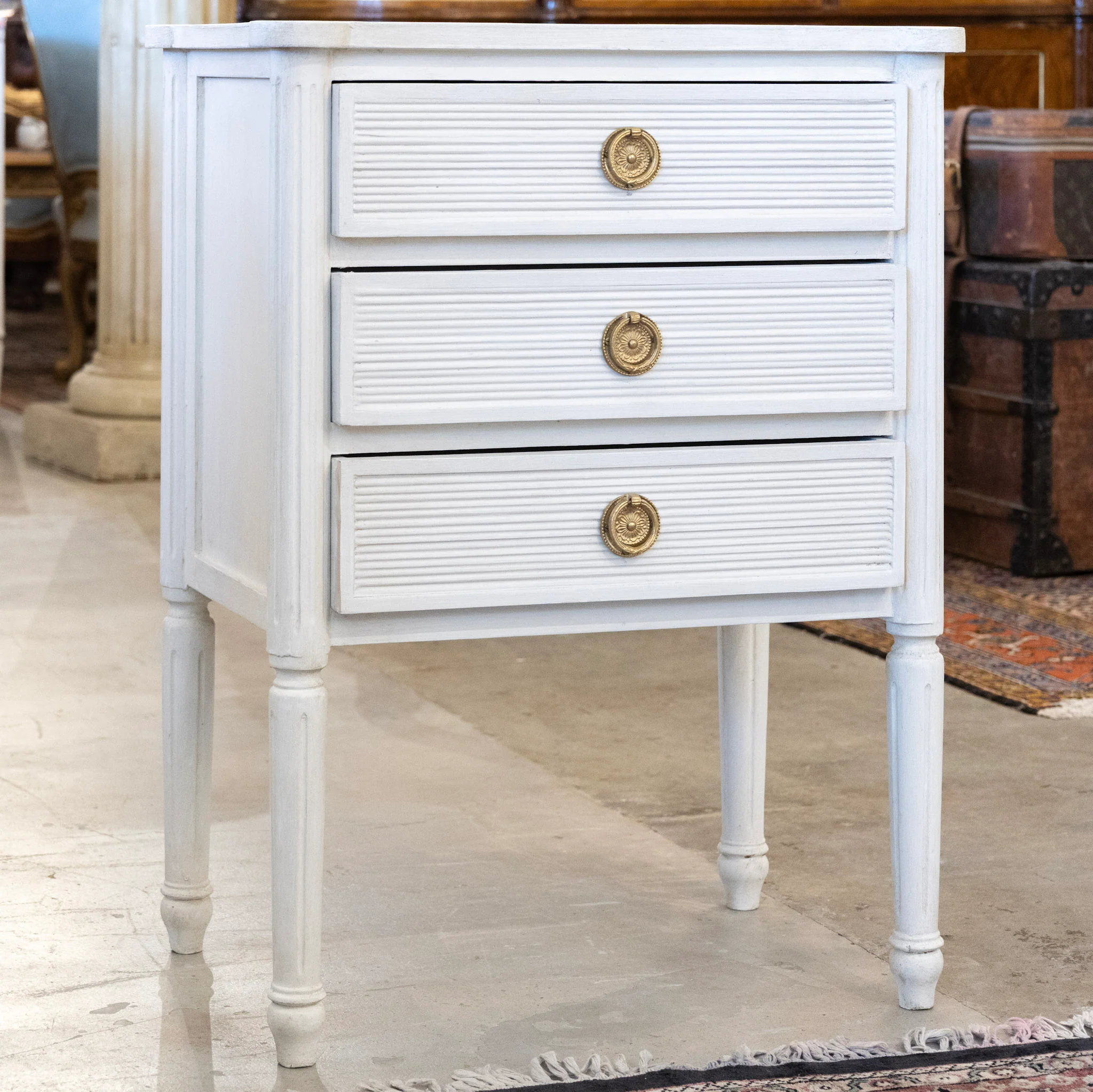 Swedish 3-Drawer Nightstand – Reeded Drawers & Tall Rounded Legs in White - Image 2