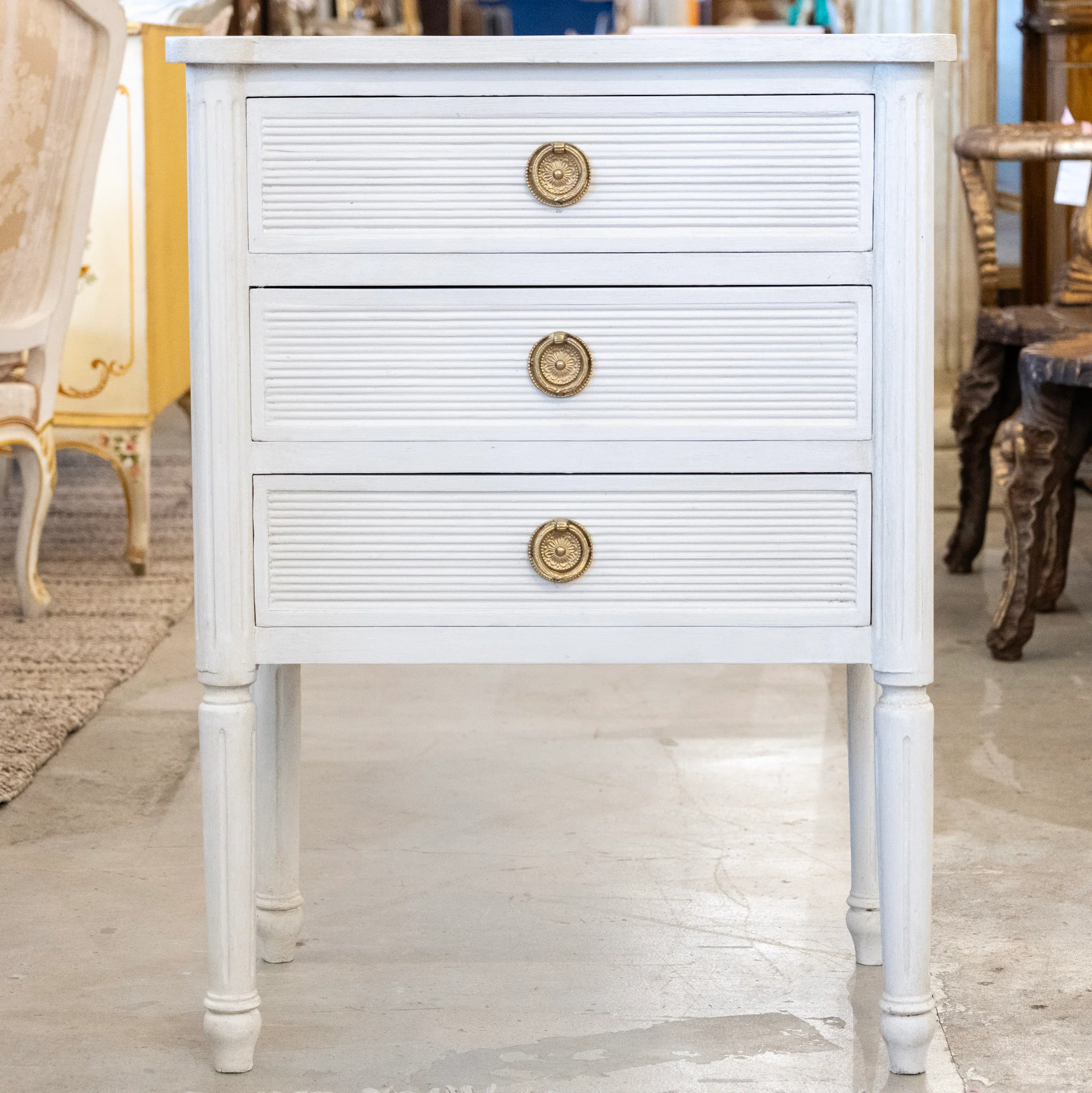 Swedish 3-Drawer Nightstand – Reeded Drawers & Tall Rounded Legs in White - Image 3