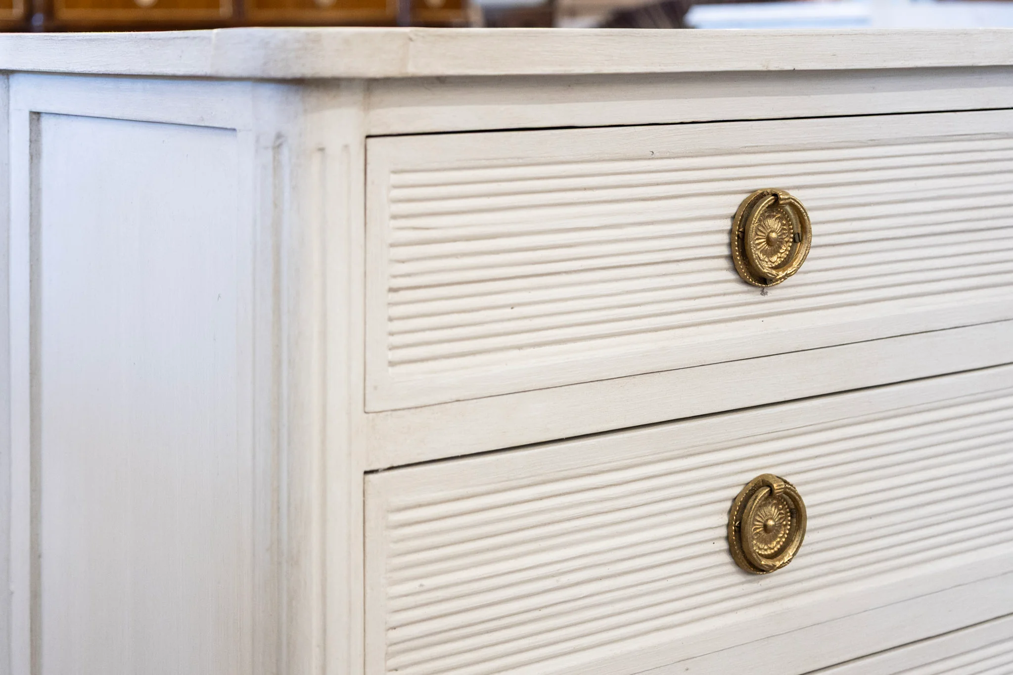 Swedish 3-Drawer Nightstand – Reeded Drawers & Tall Rounded Legs in White - Image 5