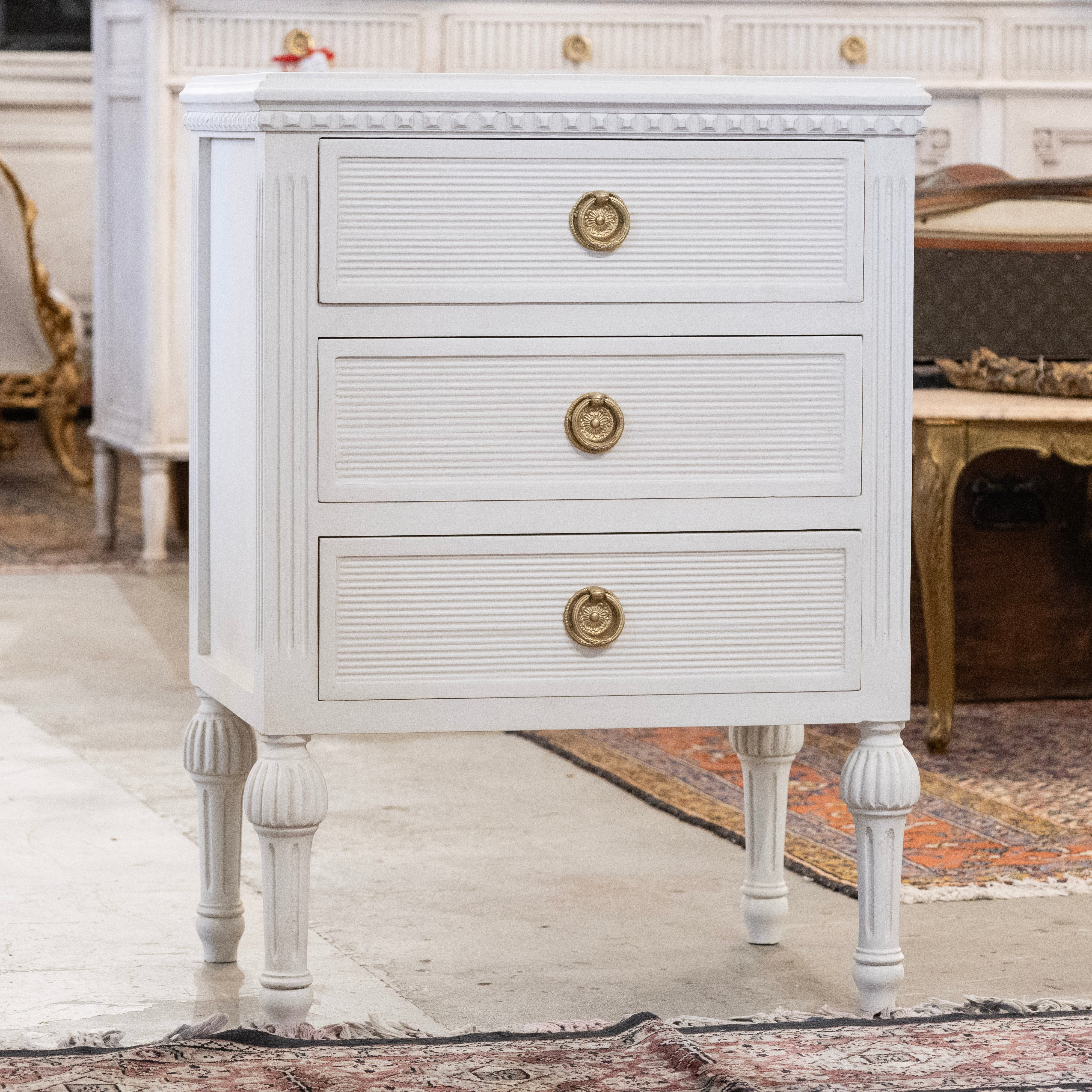 Swedish 3-Drawer Nightstand – Reeded Trim & Ballerina Legs in Dove White - Image 2