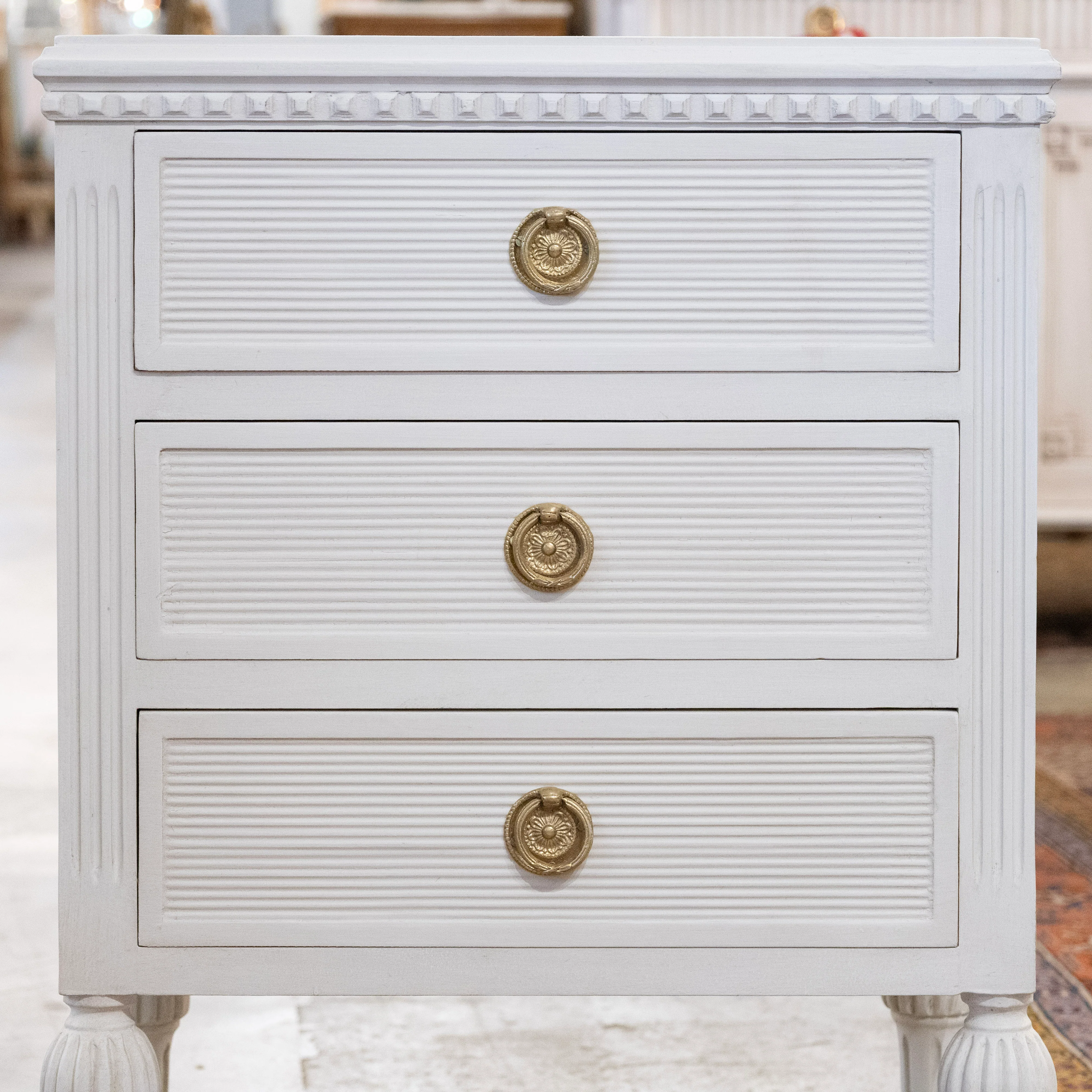 Swedish 3-Drawer Nightstand – Reeded Trim & Ballerina Legs in Dove White - Image 4