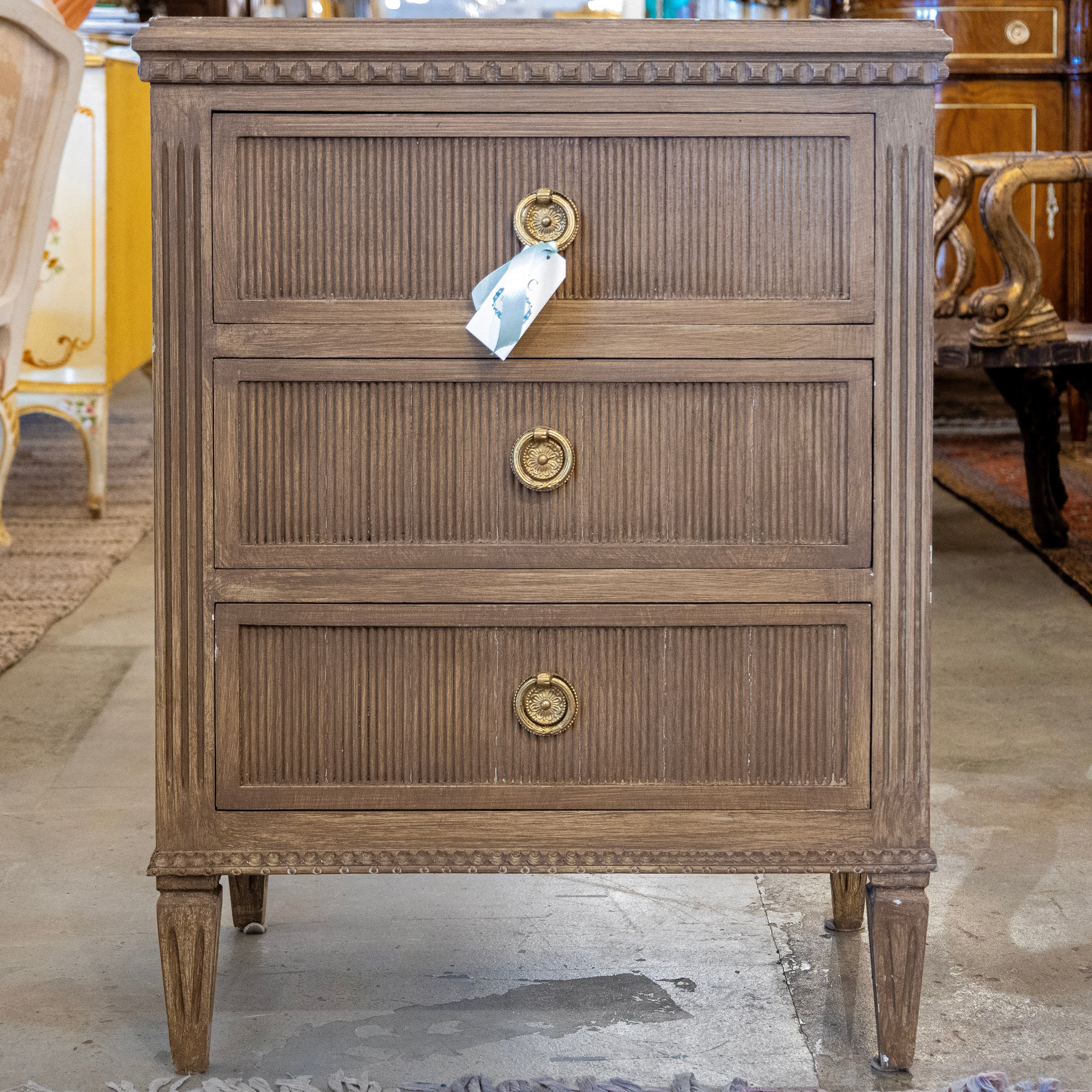 Swedish 3-Drawer Nightstand – Reeded Wood Drawers & Large Brass Pulls in Brown