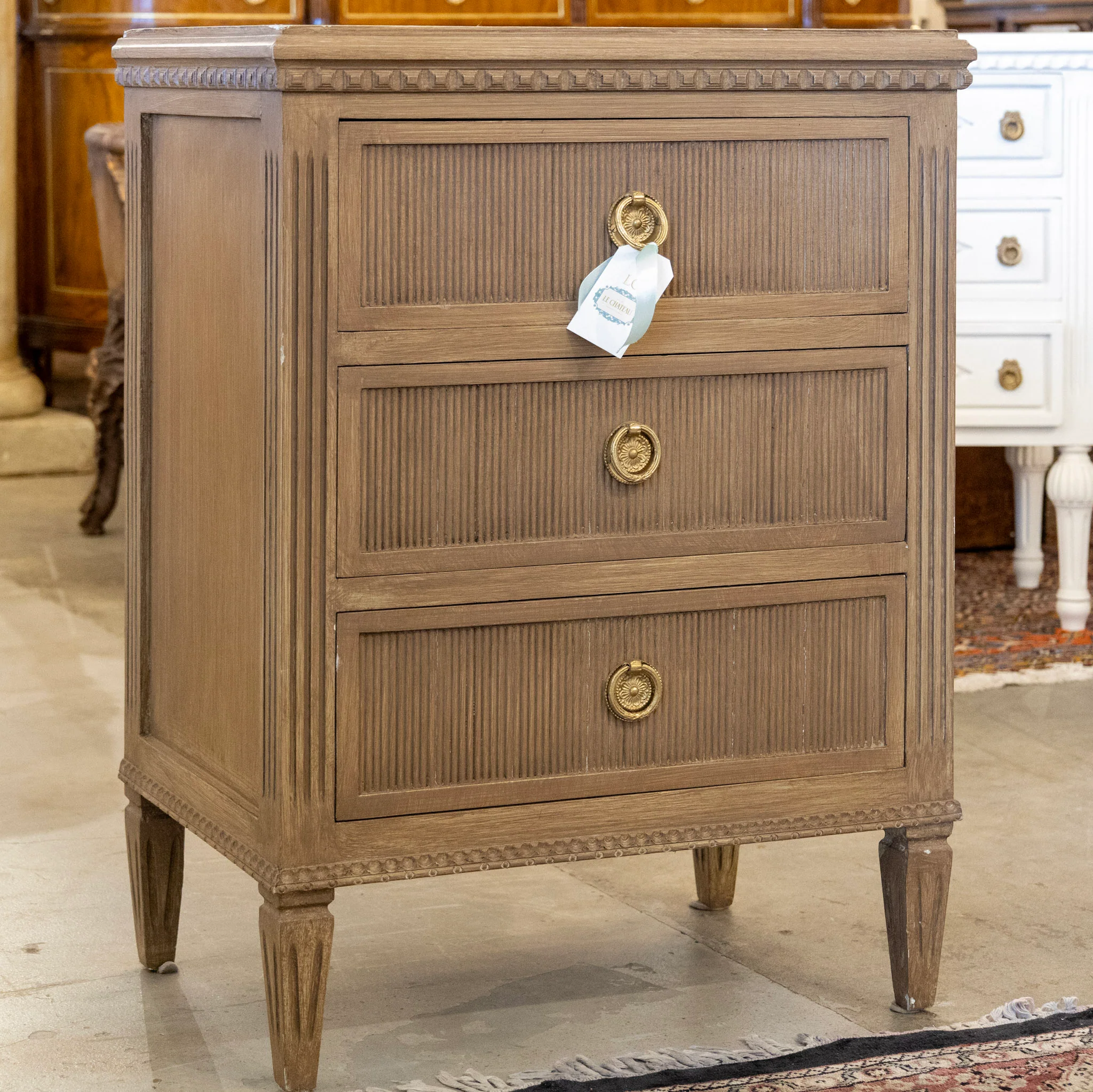 Swedish 3-Drawer Nightstand – Reeded Wood Drawers & Large Brass Pulls in Brown - Image 2