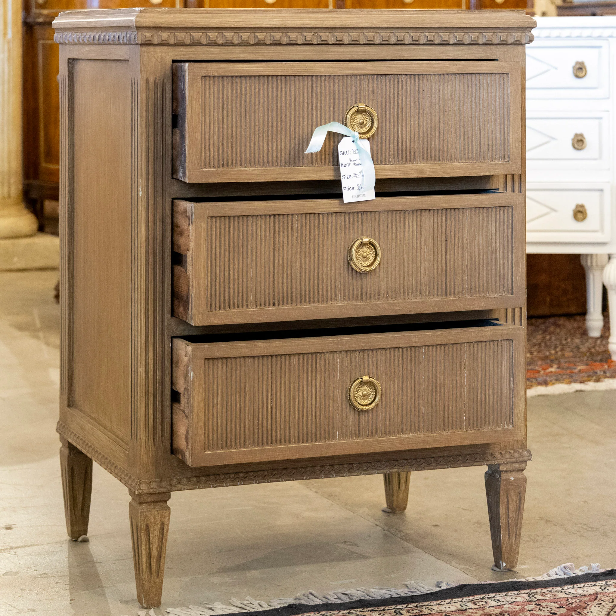 Swedish 3-Drawer Nightstand – Reeded Wood Drawers & Large Brass Pulls in Brown - Image 3