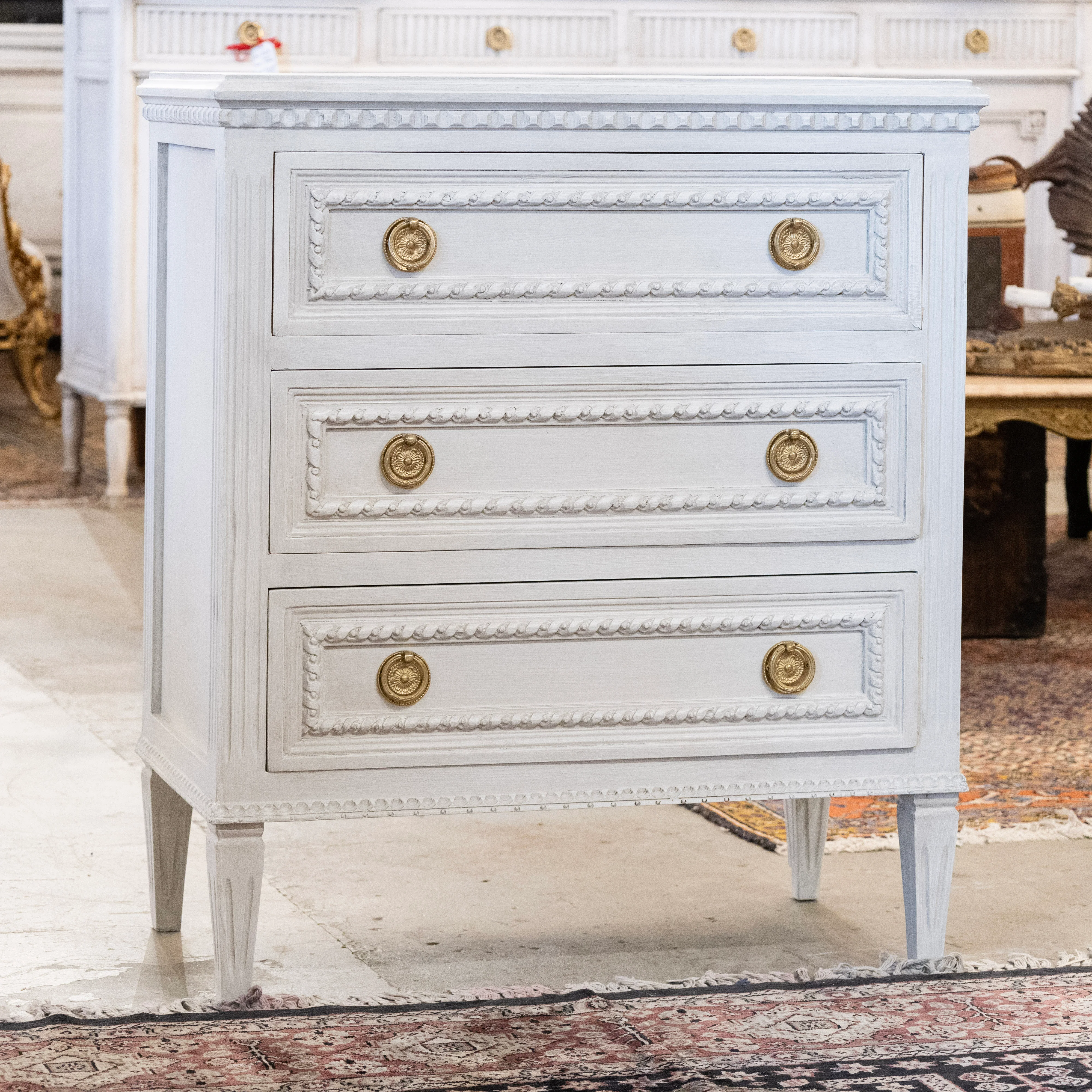 Swedish 3-Drawer Nightstand – Rope & Fluted Trim in Pale Grey - Image 2