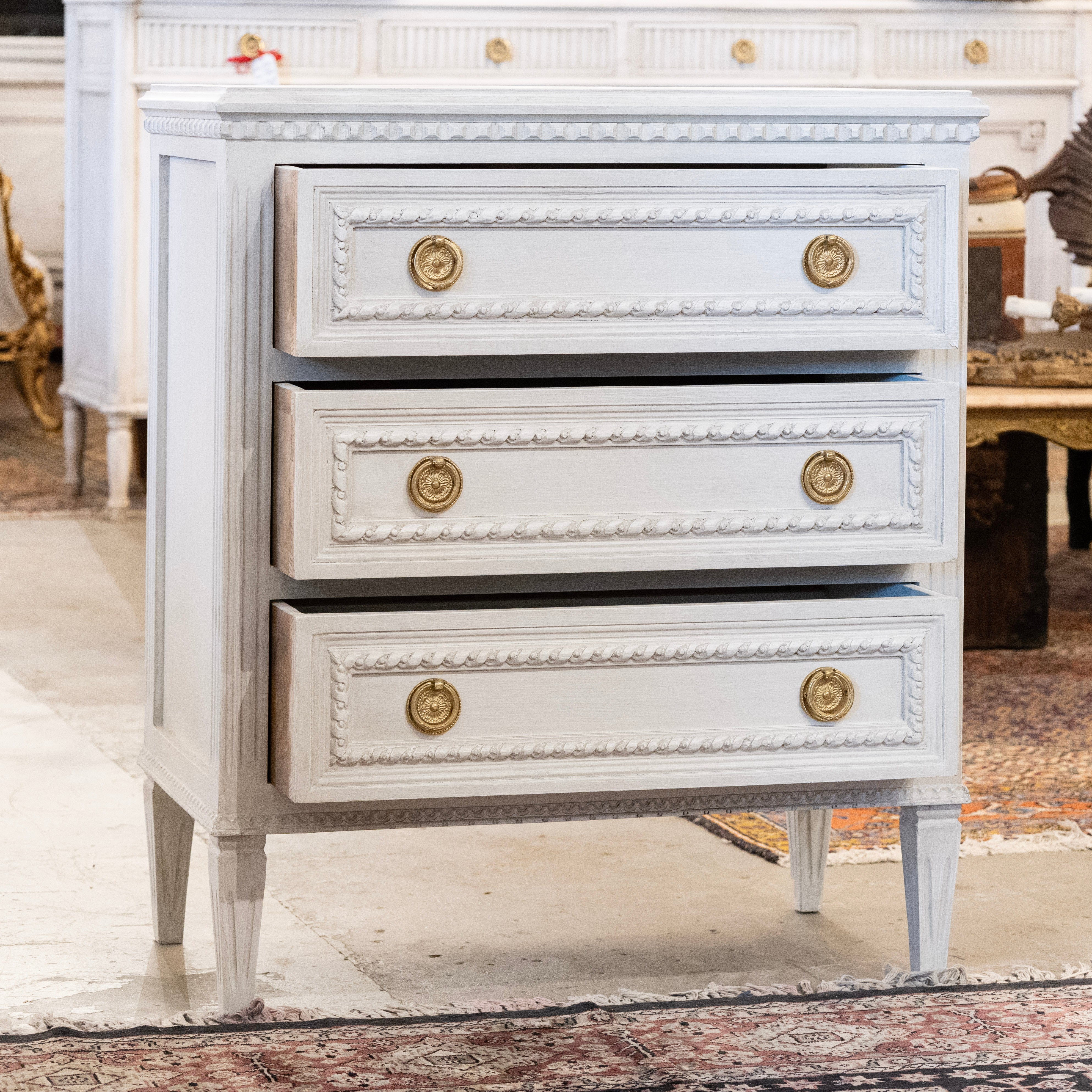 Swedish 3-Drawer Nightstand – Rope & Fluted Trim in Pale Grey - Image 3