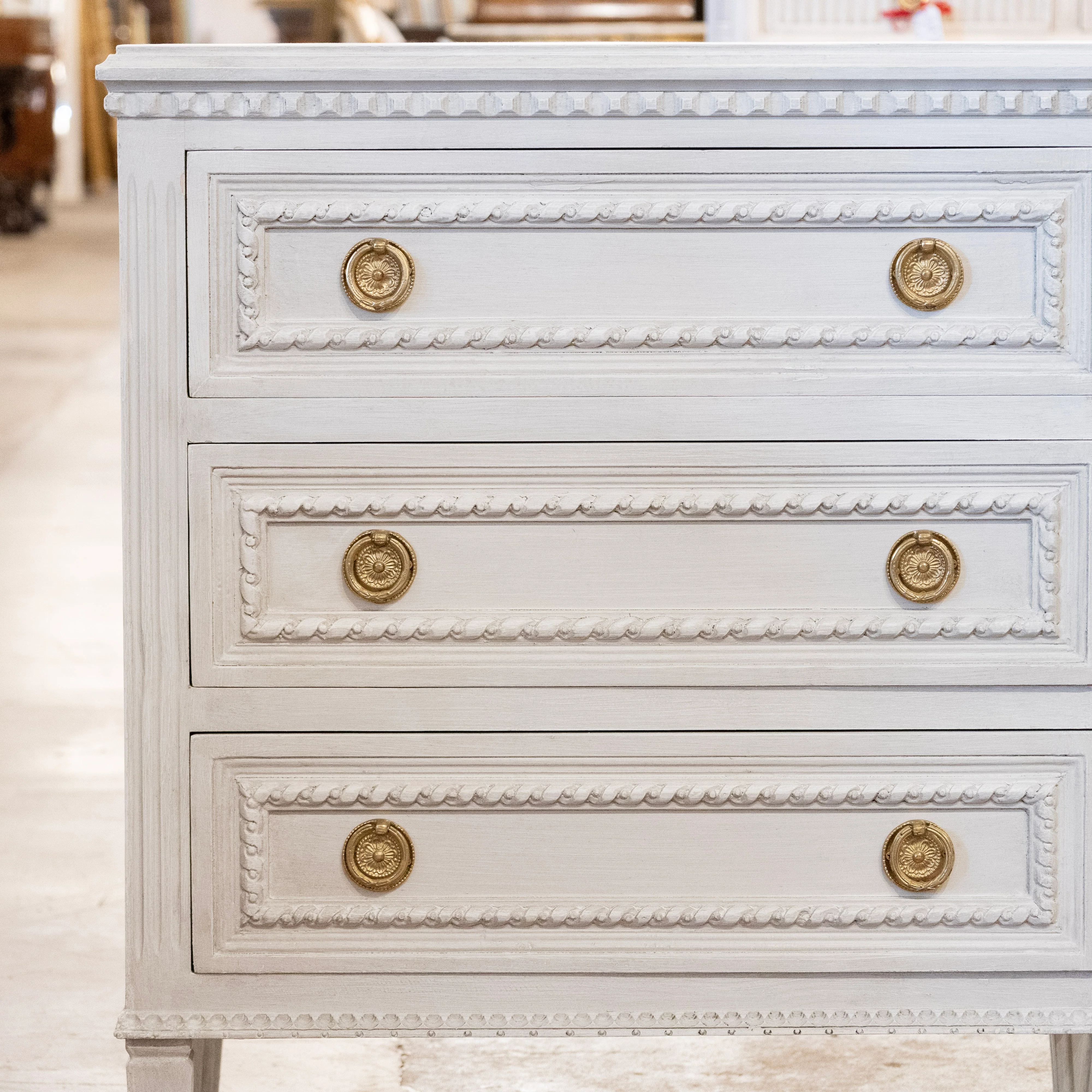 Swedish 3-Drawer Nightstand – Rope & Fluted Trim in Pale Grey - Image 4