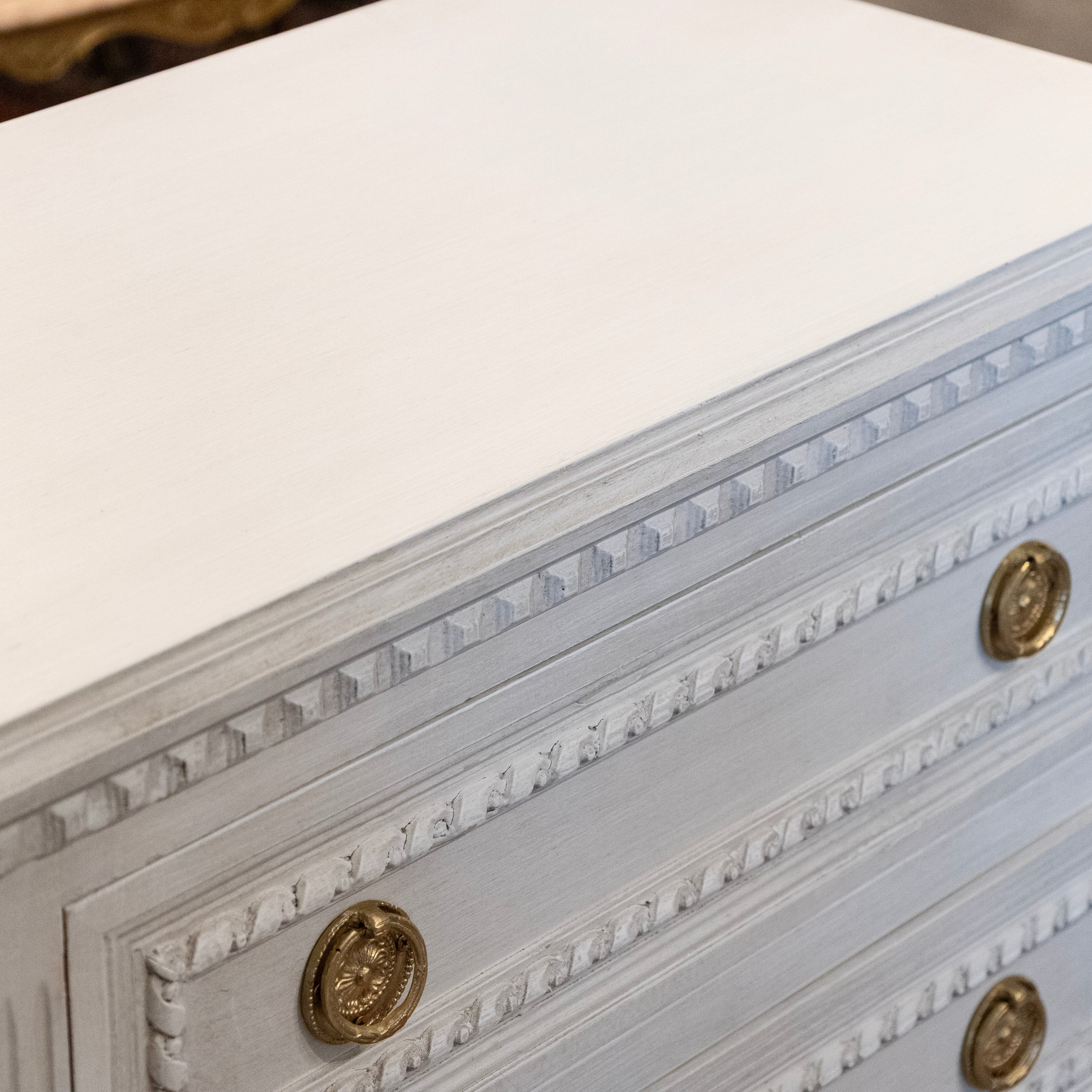 Swedish 3-Drawer Nightstand – Rope & Fluted Trim in Pale Grey - Image 5