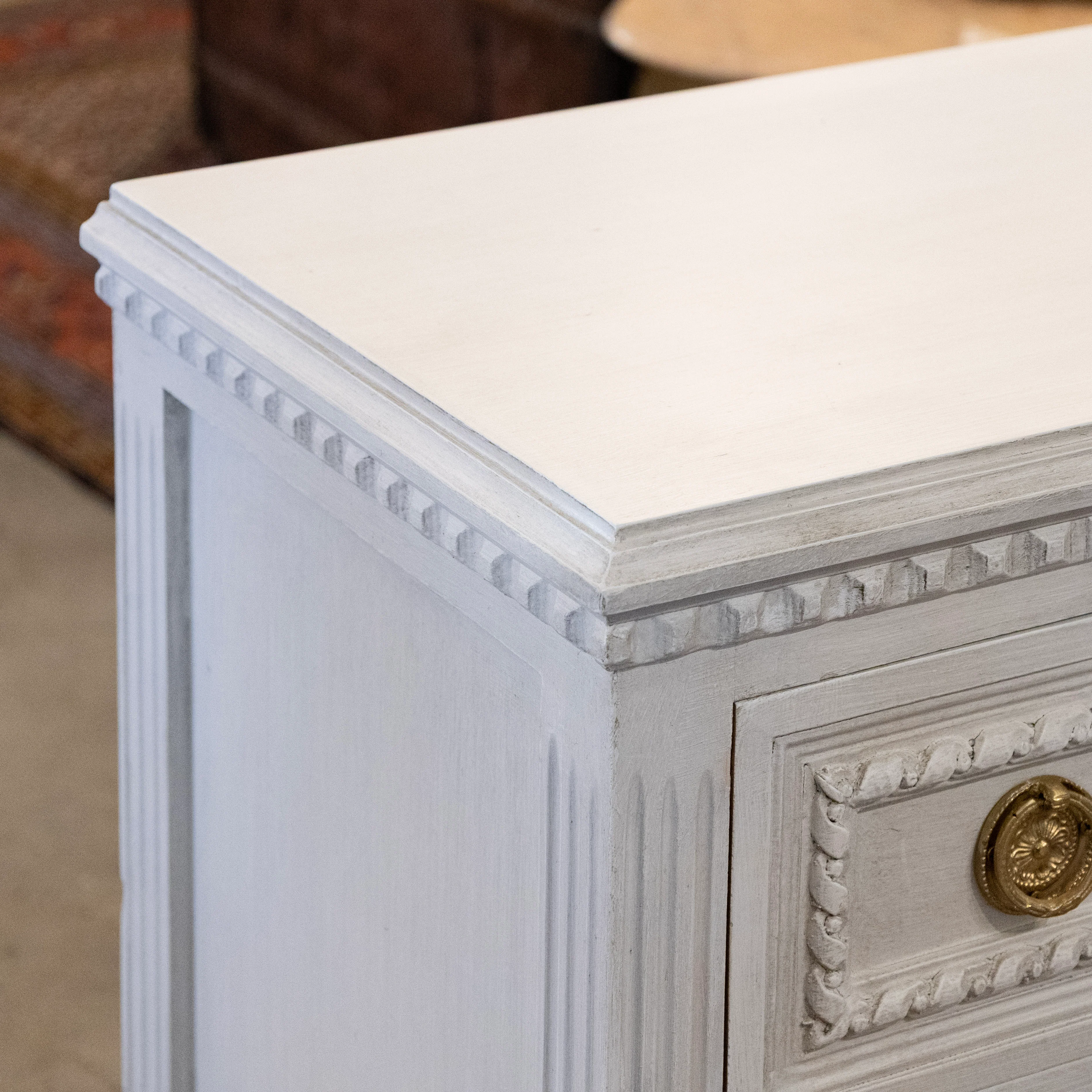 Swedish 3-Drawer Nightstand – Rope & Fluted Trim in Pale Grey - Image 7