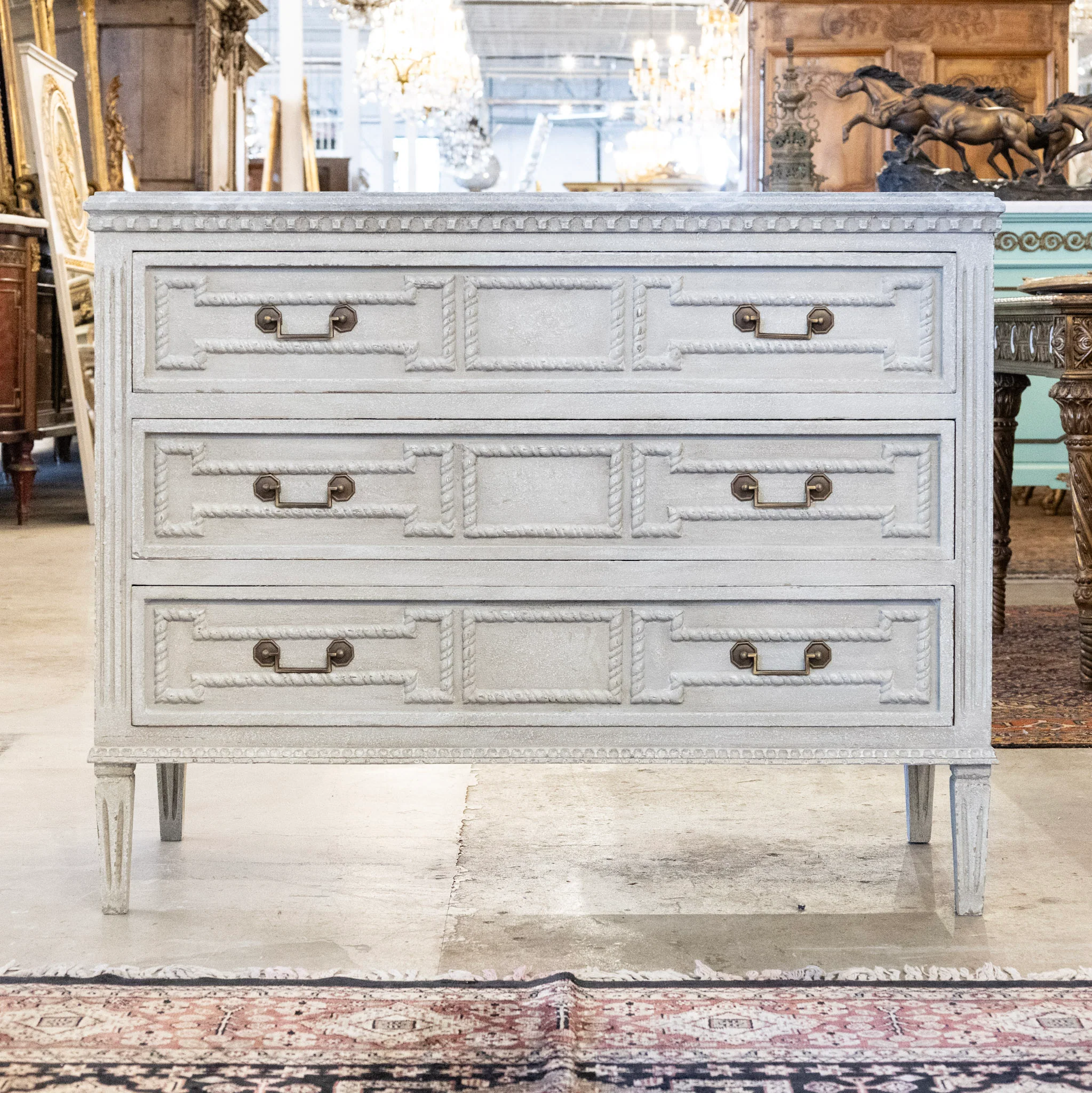 Swedish 3-Drawer Nightstand – Rope Trim & Square Pulls in Textured Grey Finish