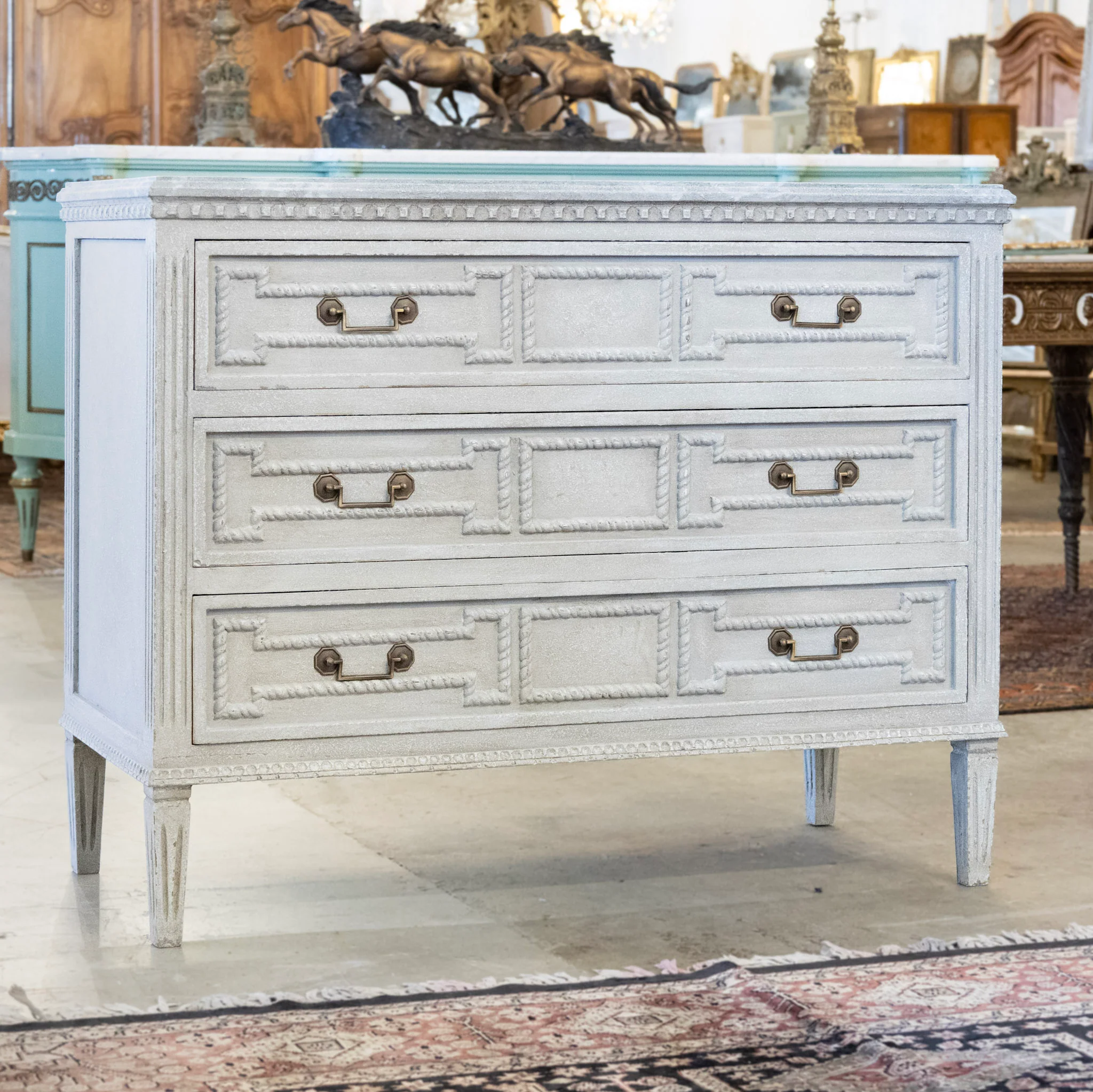 Swedish 3-Drawer Nightstand – Rope Trim & Square Pulls in Textured Grey Finish - Image 2