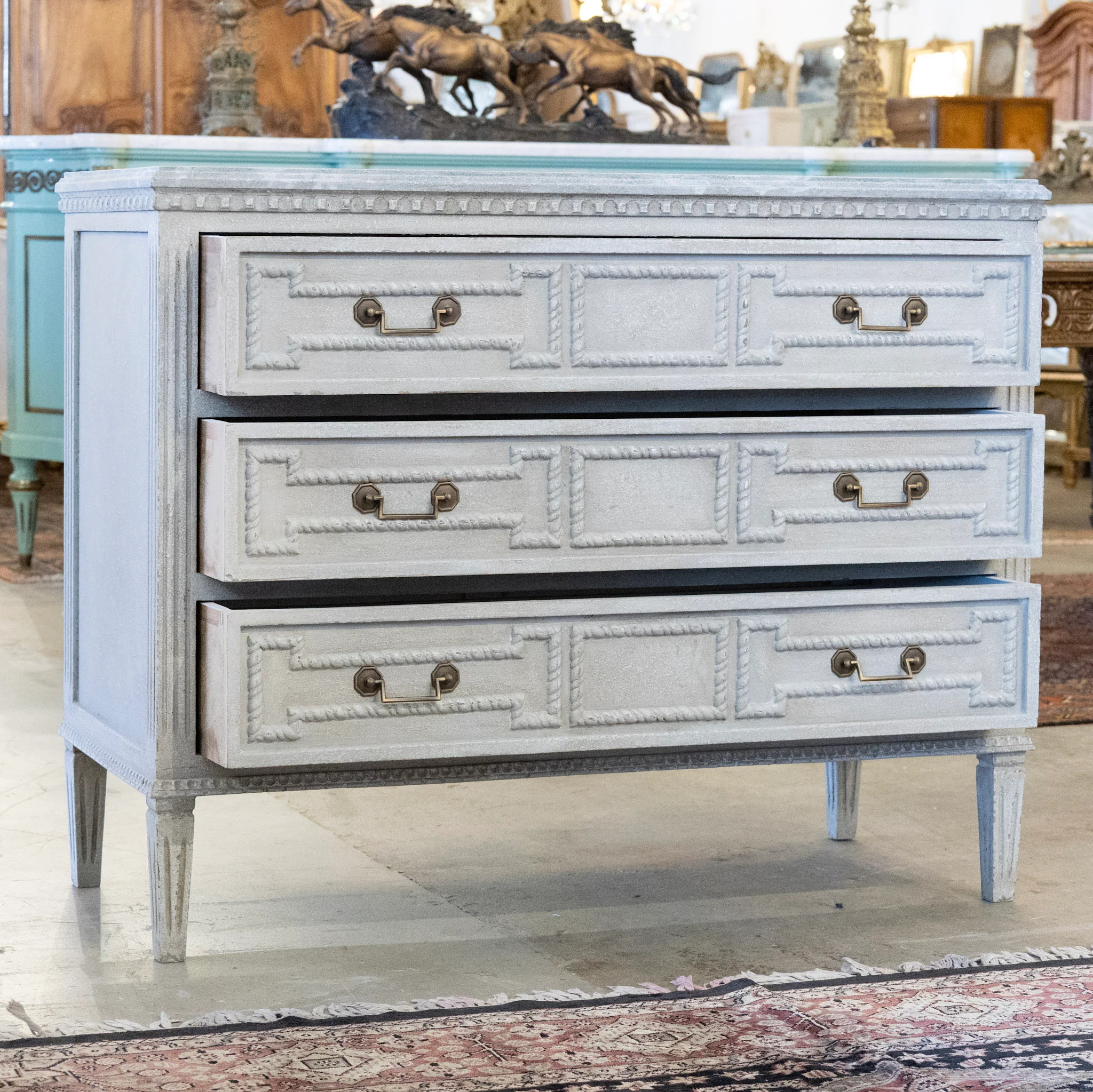 Swedish 3-Drawer Nightstand – Rope Trim & Square Pulls in Textured Grey Finish - Image 3