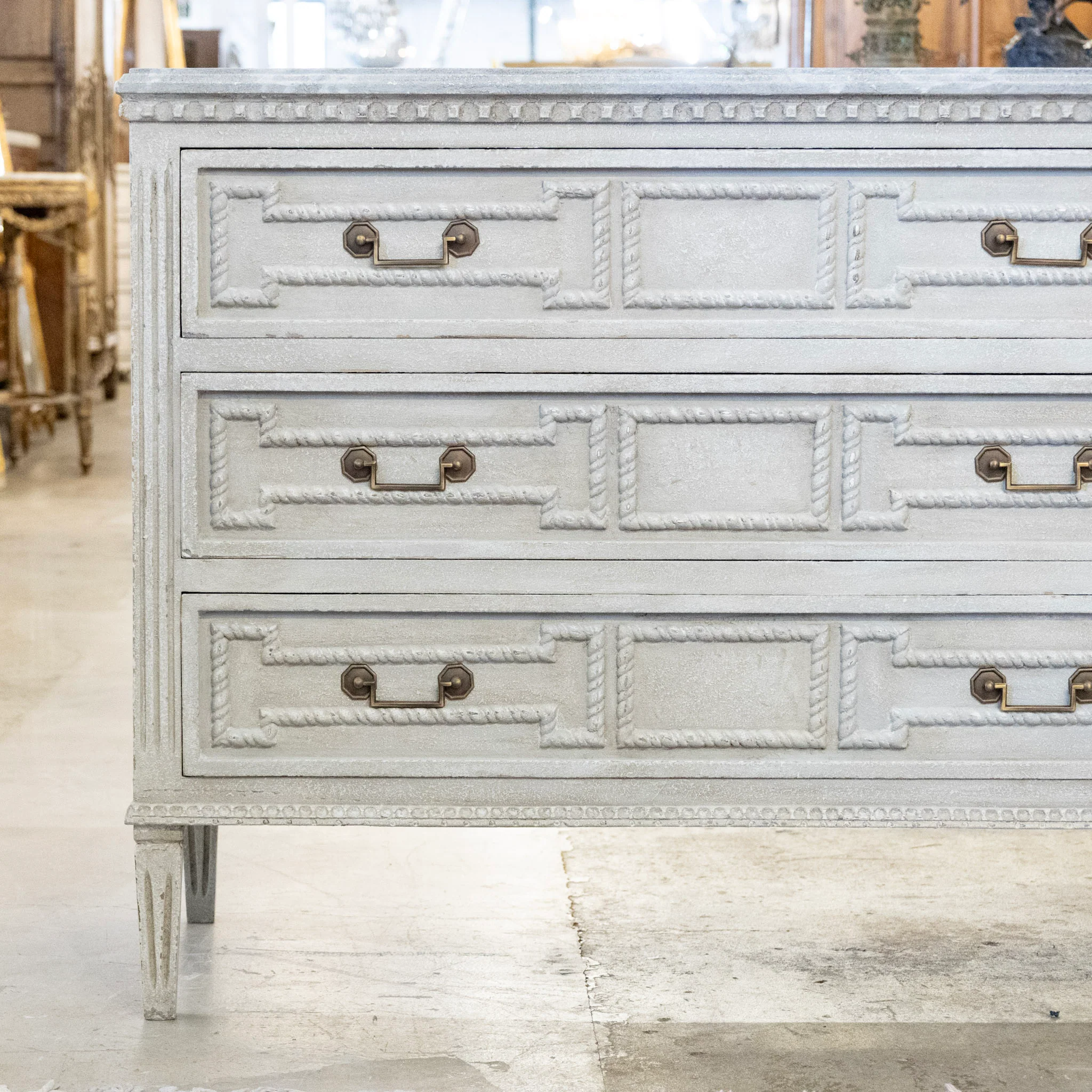 Swedish 3-Drawer Nightstand – Rope Trim & Square Pulls in Textured Grey Finish - Image 4