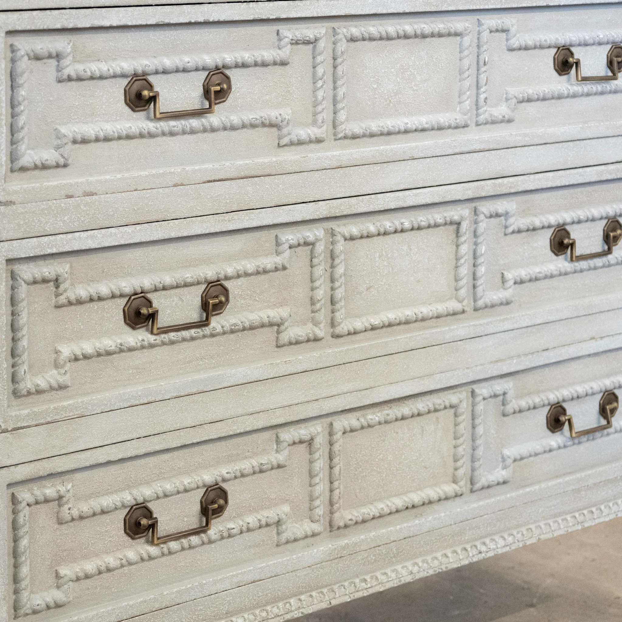 Swedish 3-Drawer Nightstand – Rope Trim & Square Pulls in Textured Grey Finish - Image 6