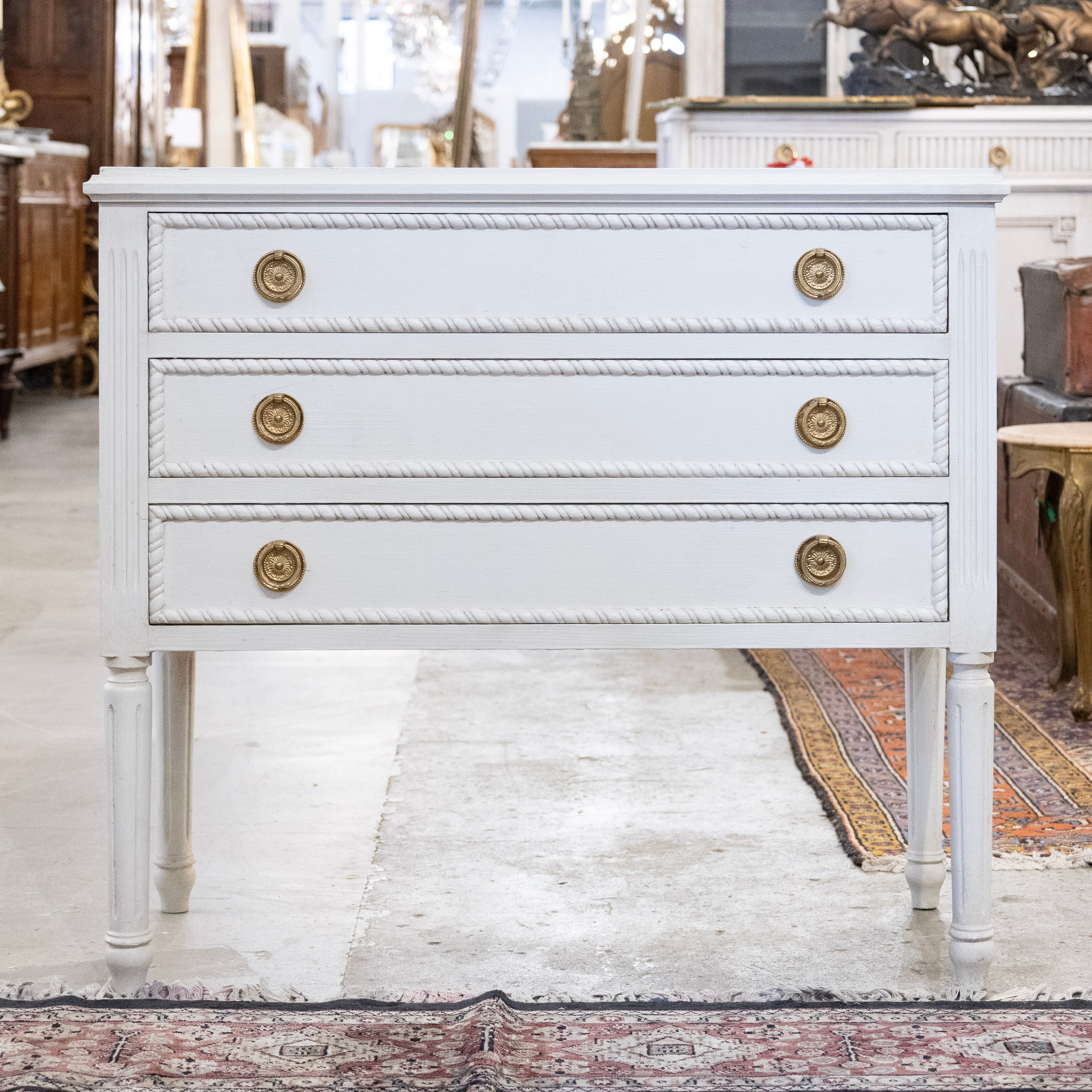 Swedish 3-Drawer Nightstand – Rope Trim & Tall Legs in Dove White