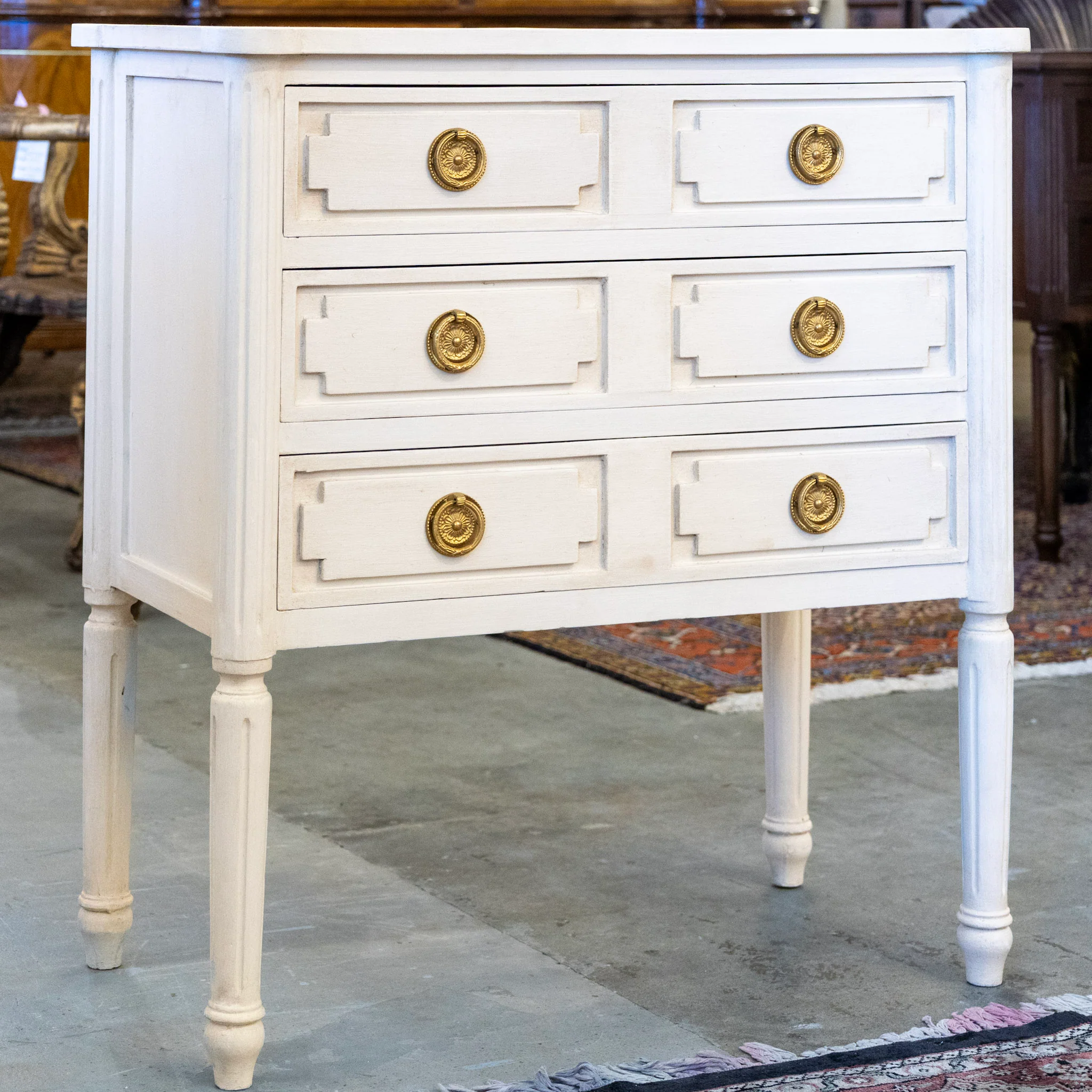 Swedish 3-Drawer Nightstand – Tall Rounded Legs & Large Brass Pulls
