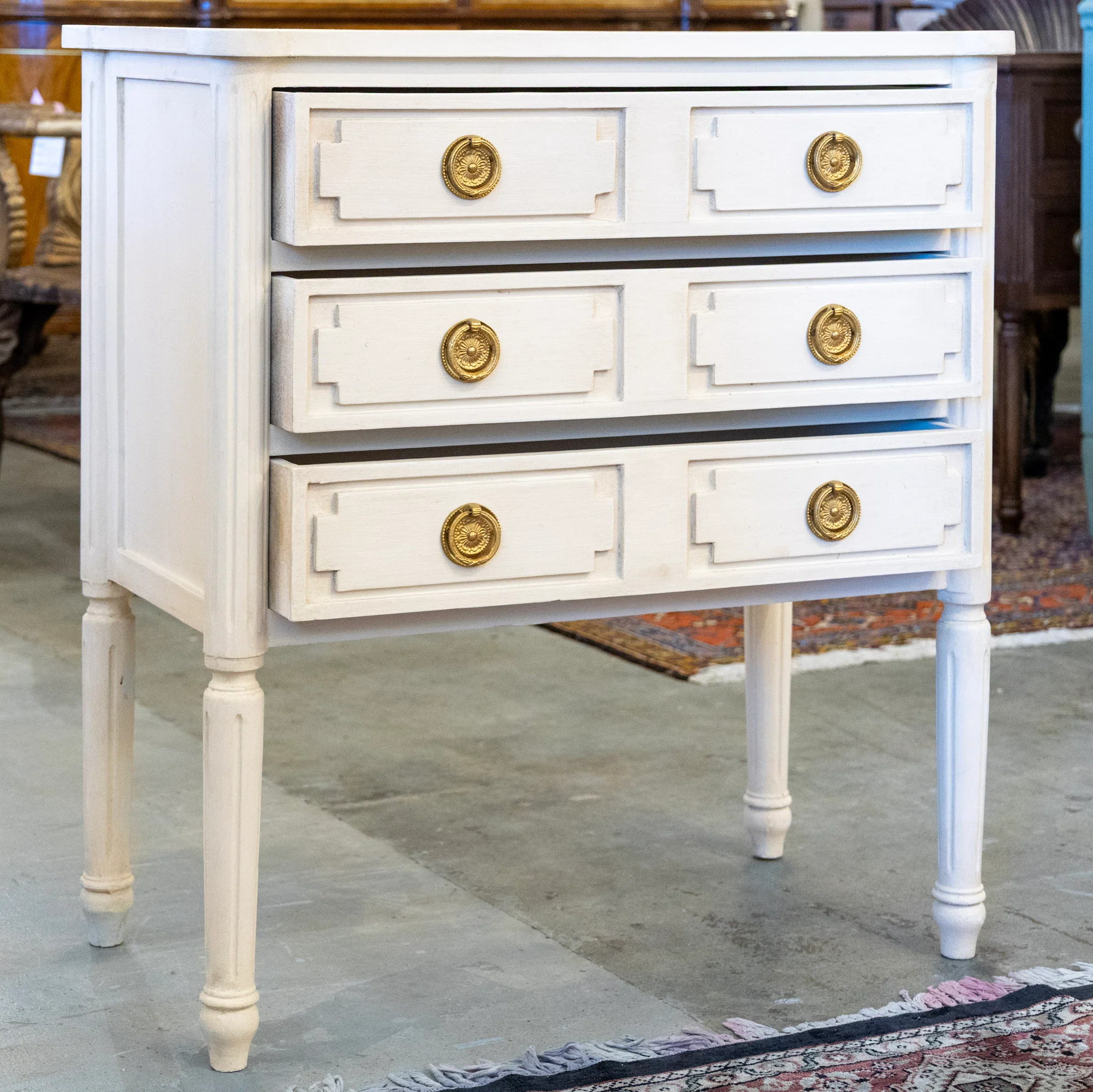Swedish 3-Drawer Nightstand – Tall Rounded Legs & Large Brass Pulls - Image 2