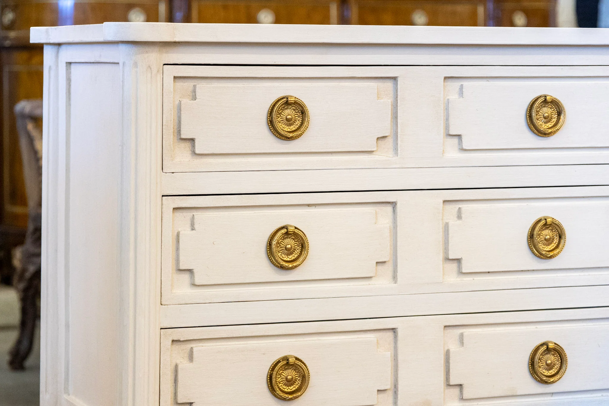 Swedish 3-Drawer Nightstand – Tall Rounded Legs & Large Brass Pulls - Image 5