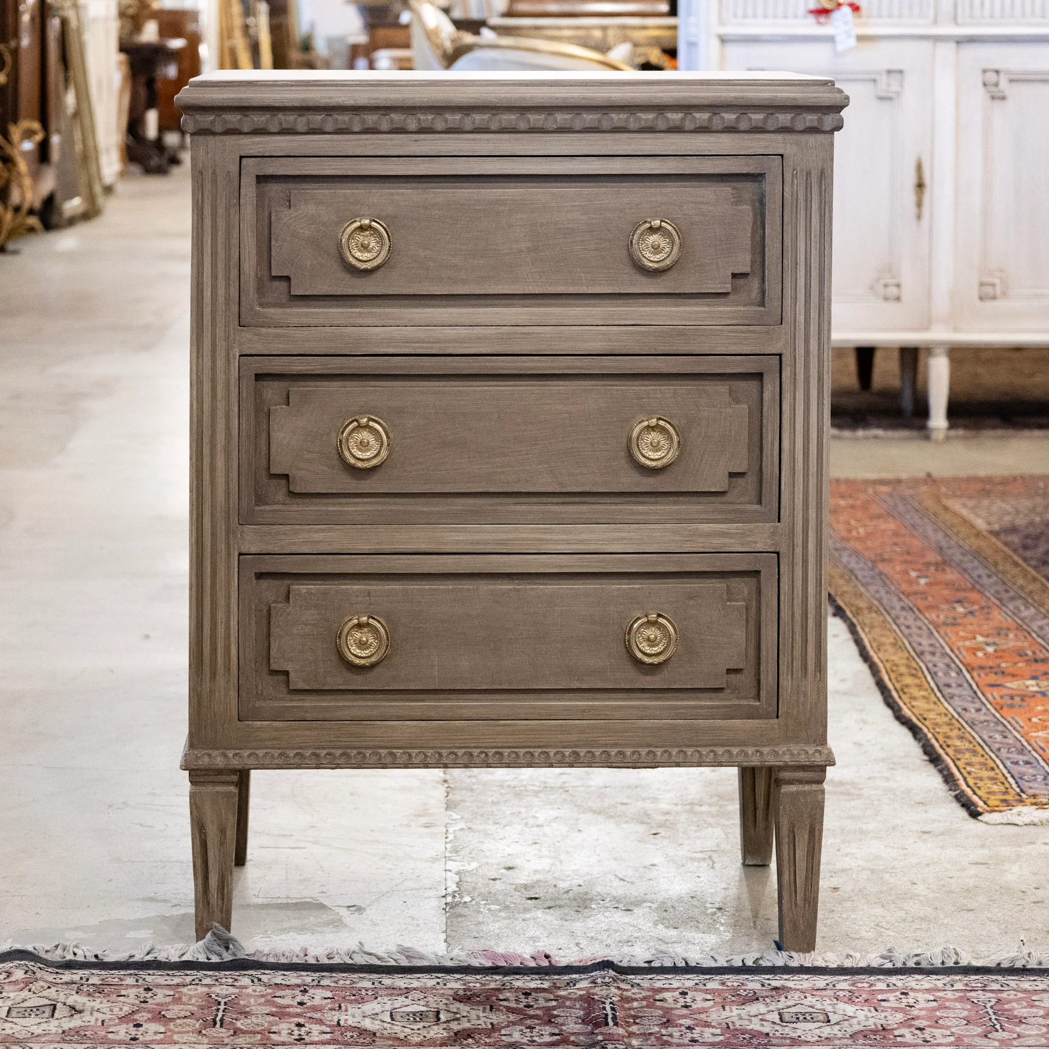 Swedish 3-Drawer Nightstand with Closed Block Front in Distressed Brown