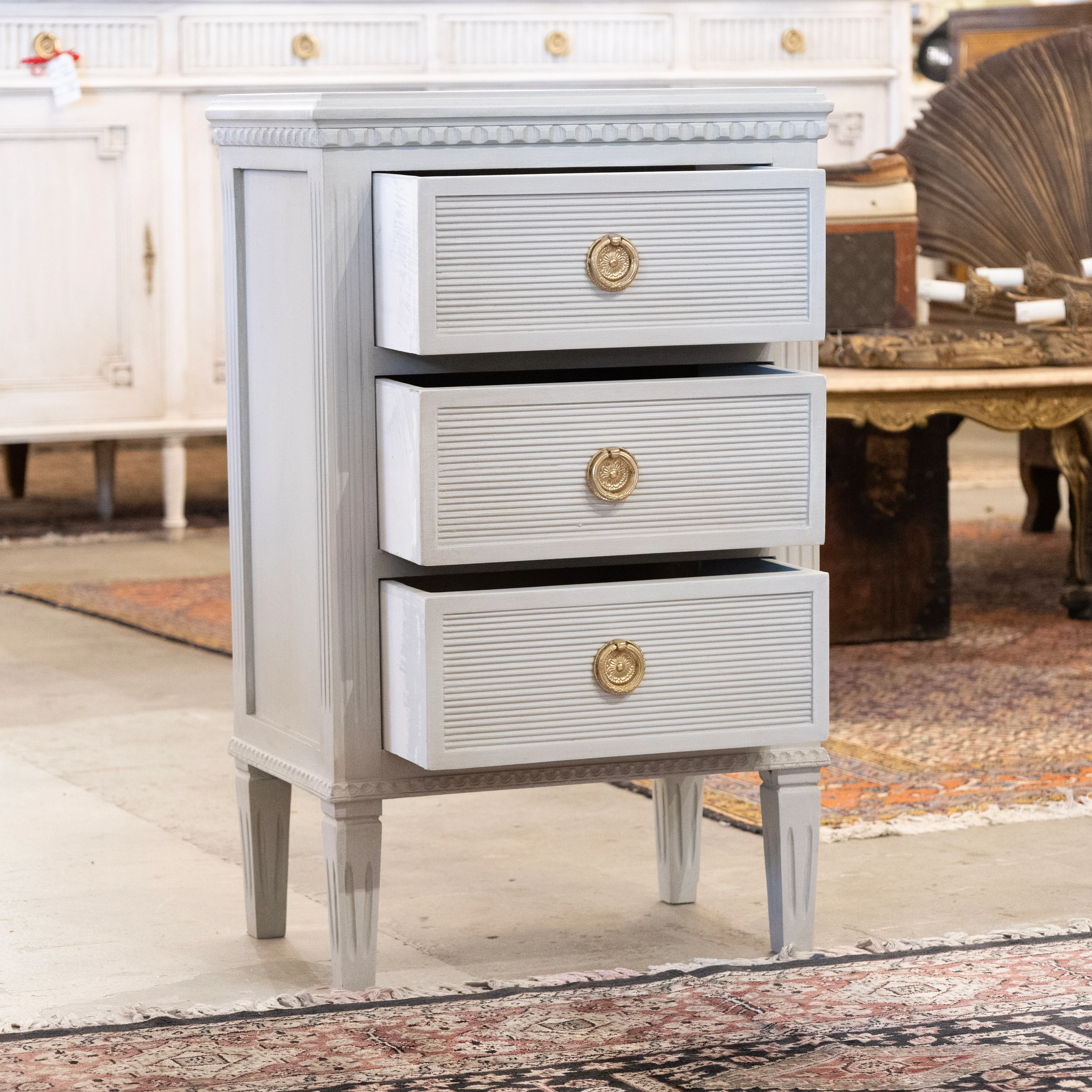 Swedish 3-Drawer Petite Nightstand – Reeded & Fluted Trim in French Grey - Image 3