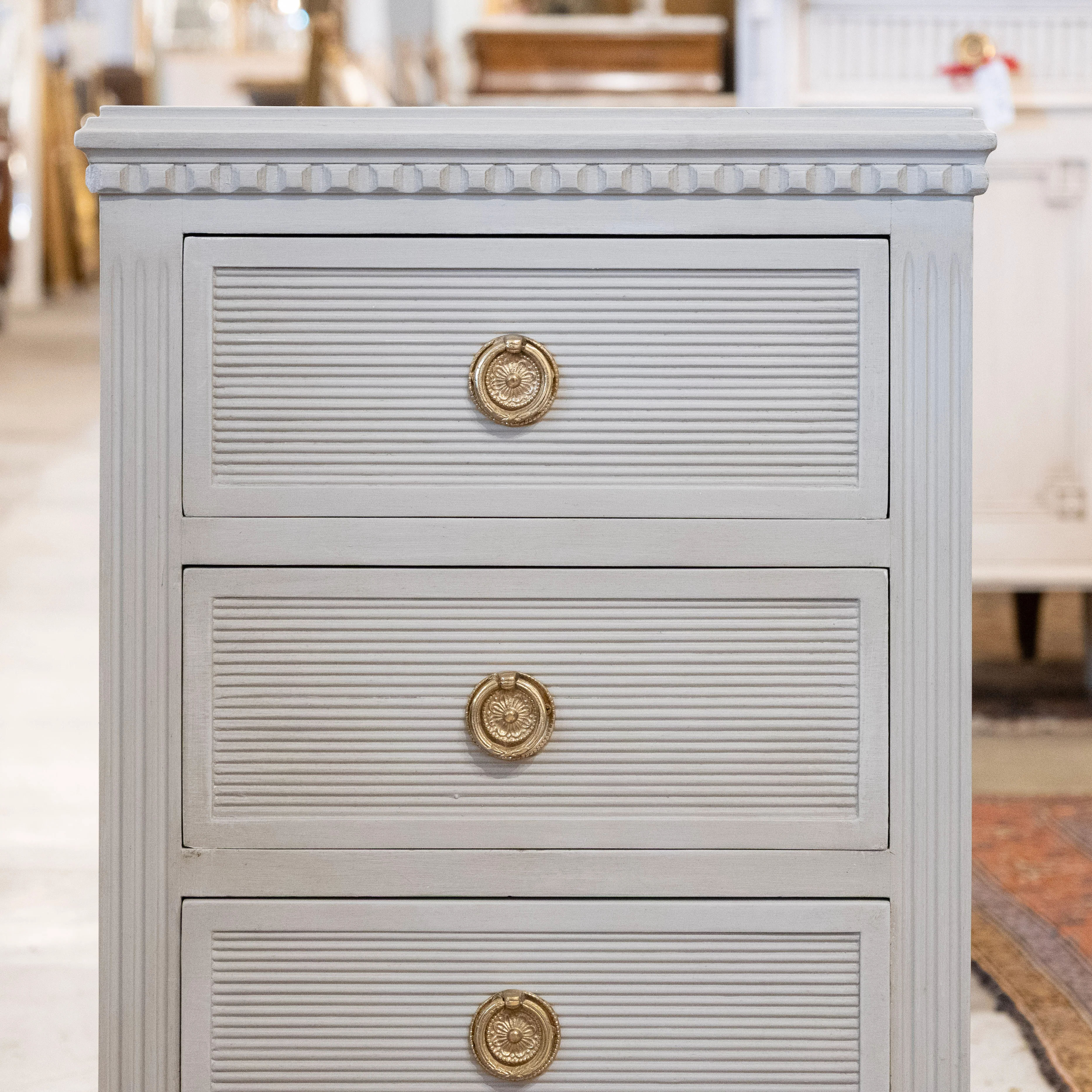 Swedish 3-Drawer Petite Nightstand – Reeded & Fluted Trim in French Grey - Image 4