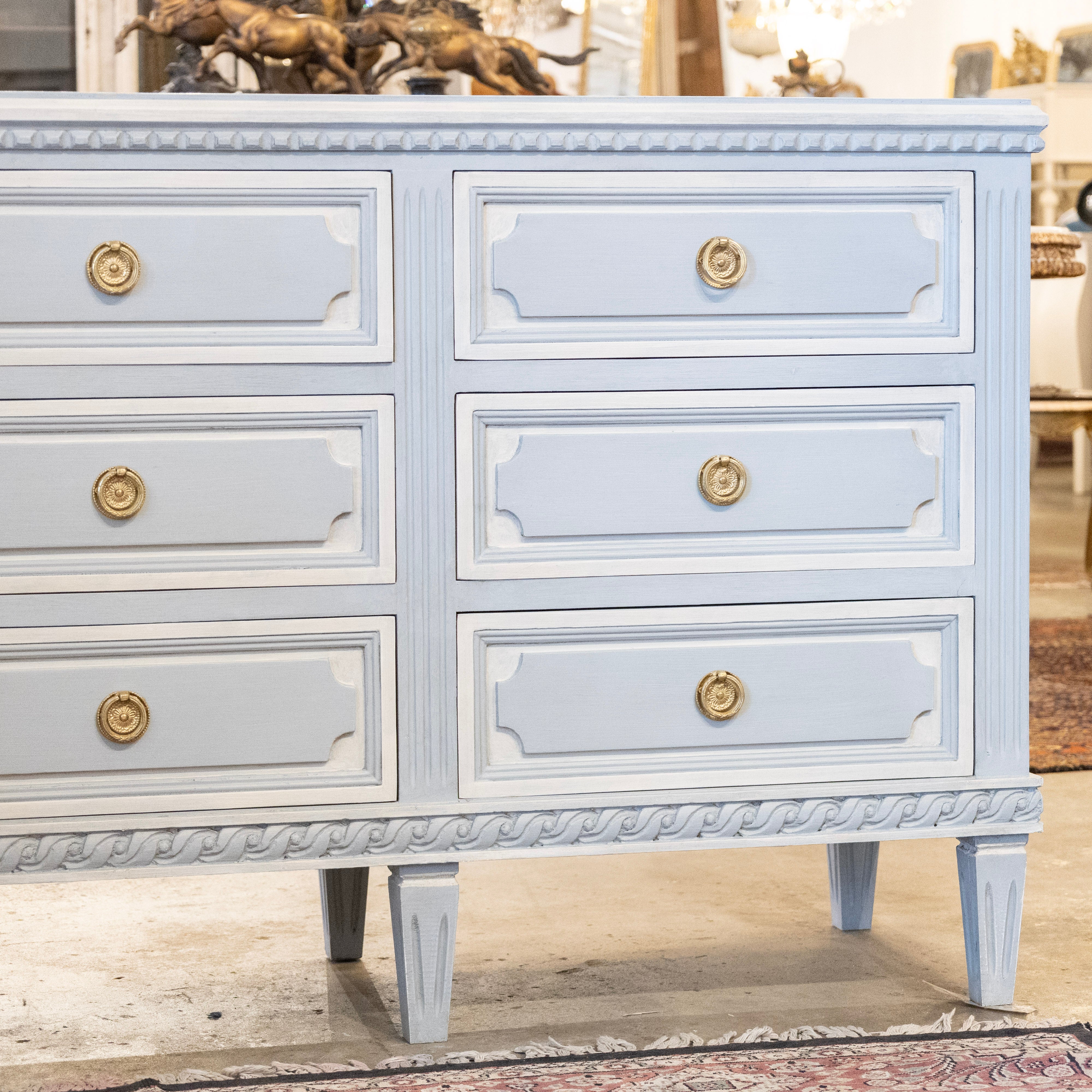 Swedish 9-Drawer Dresser –  Fluted & Rope Trim in White & Blue - Image 3