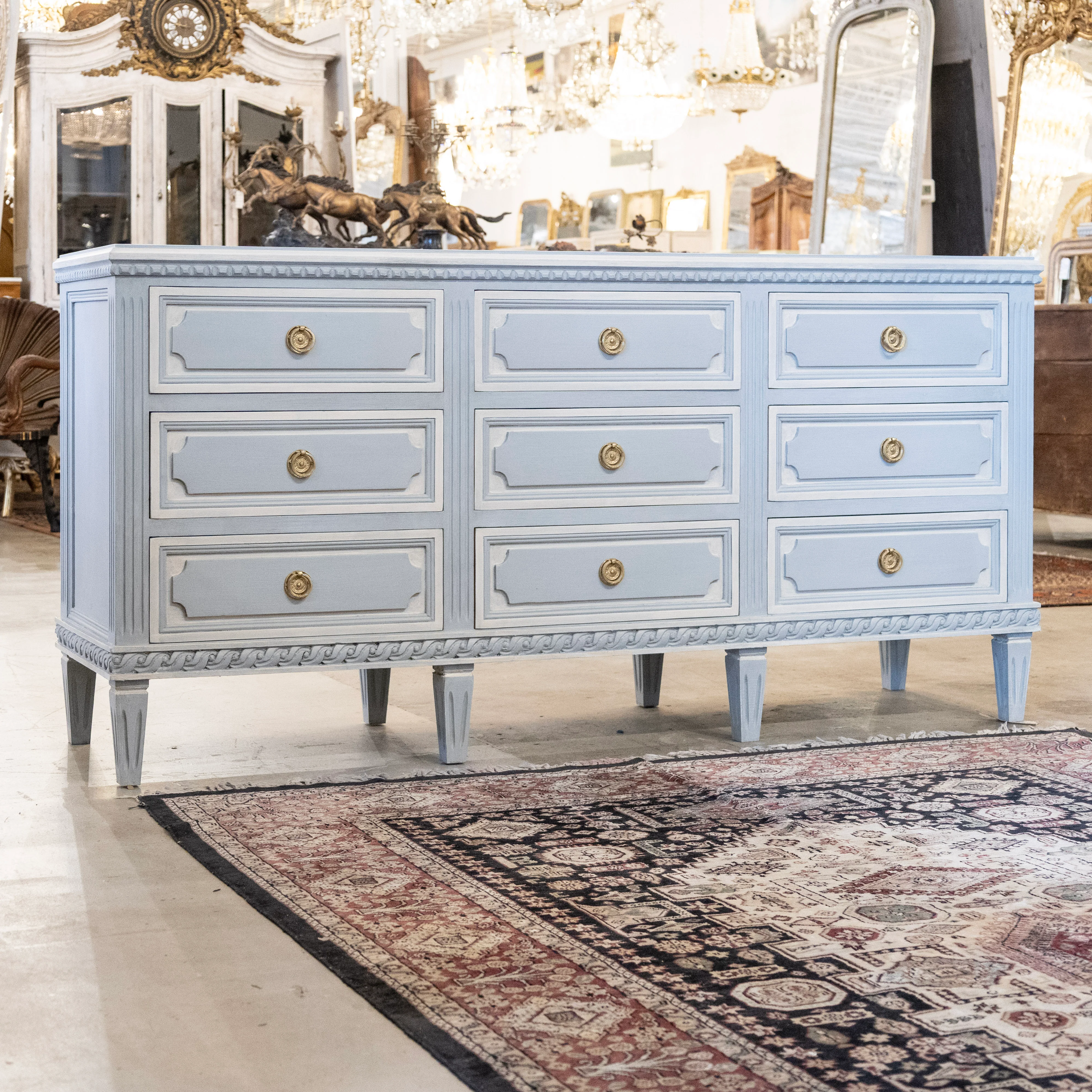 Swedish 9-Drawer Dresser –  Fluted & Rope Trim in White & Blue - Image 4