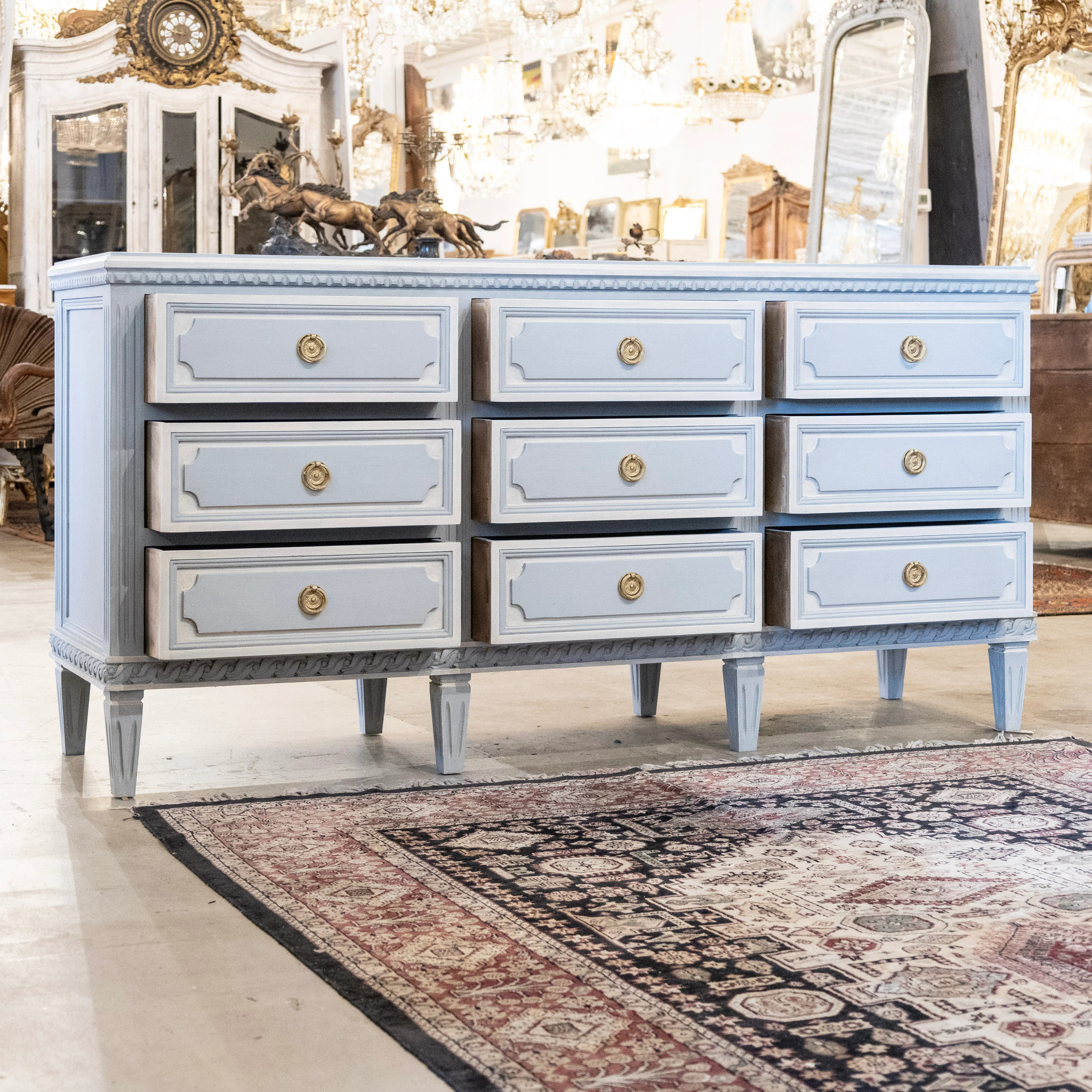 Swedish 9-Drawer Dresser –  Fluted & Rope Trim in White & Blue - Image 5