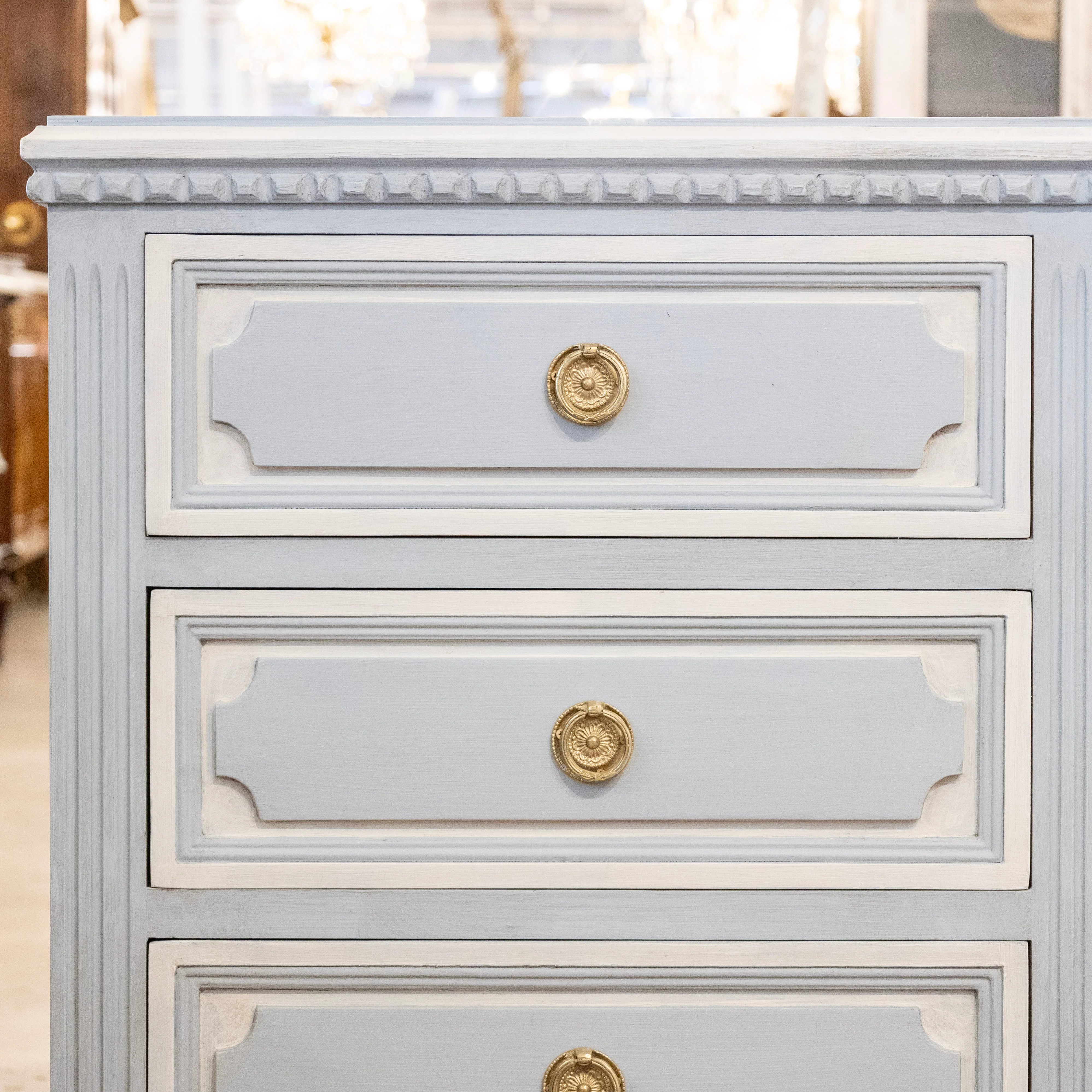 Swedish 9-Drawer Dresser –  Fluted & Rope Trim in White & Blue - Image 6