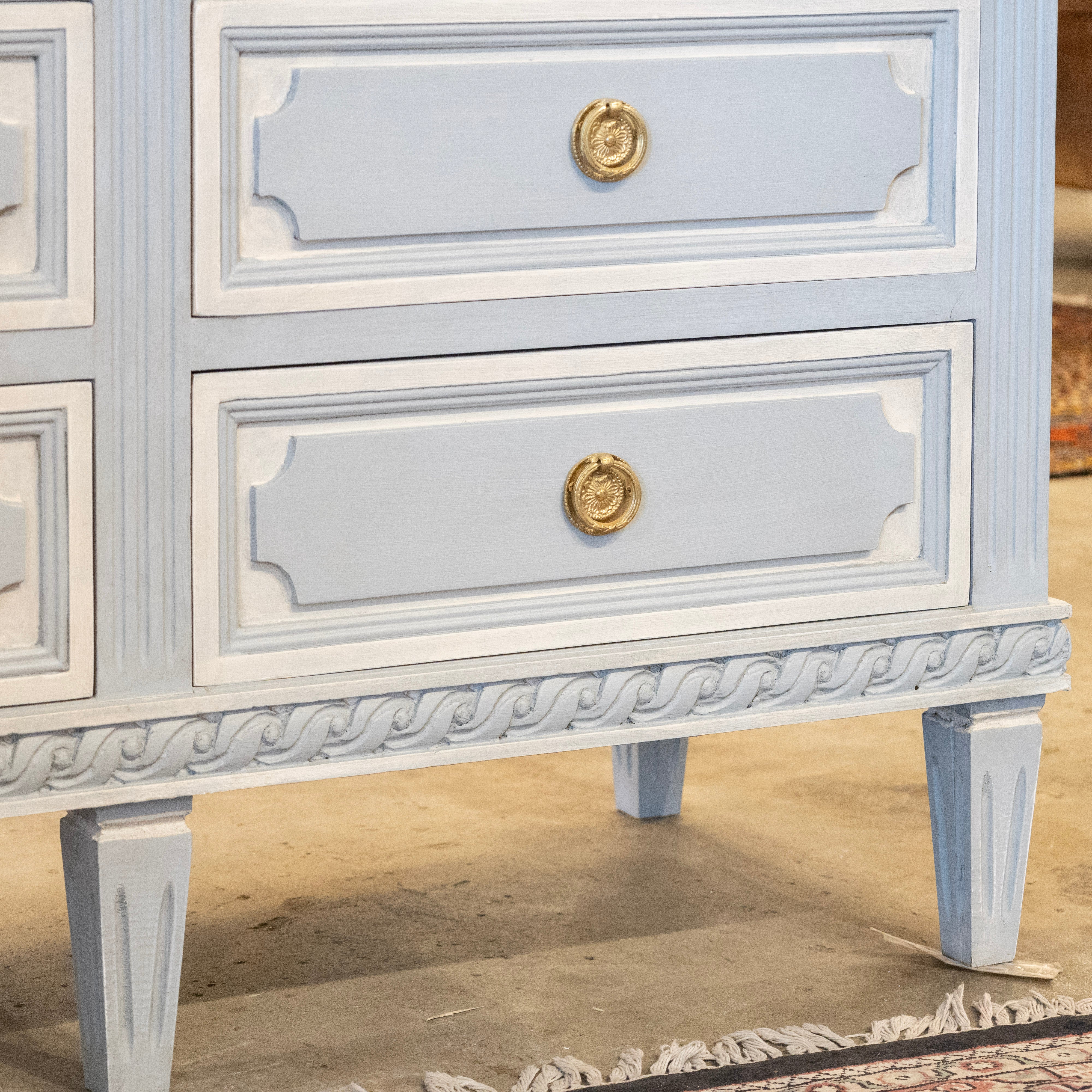 Swedish 9-Drawer Dresser –  Fluted & Rope Trim in White & Blue - Image 7