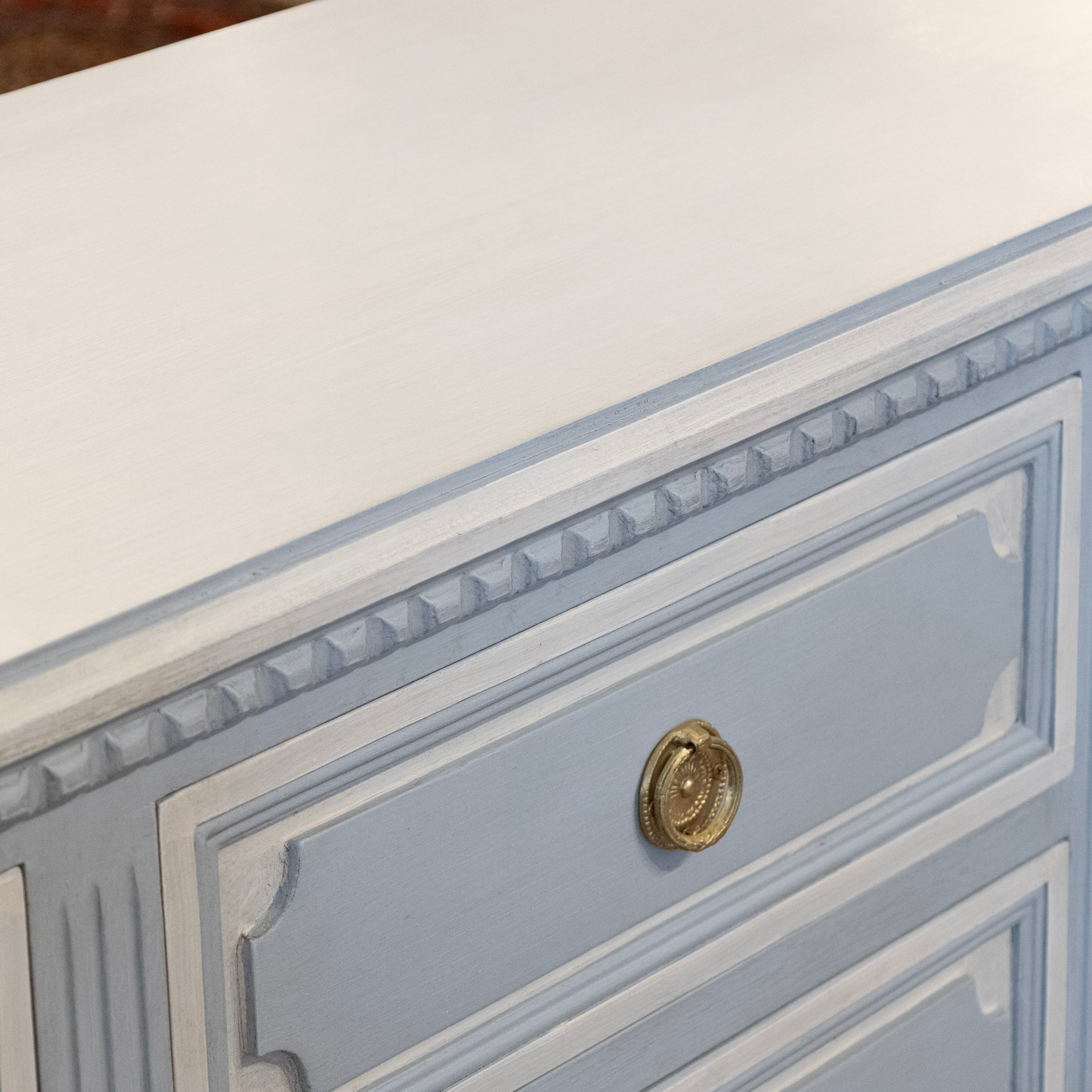 Swedish 9-Drawer Dresser –  Fluted & Rope Trim in White & Blue - Image 8
