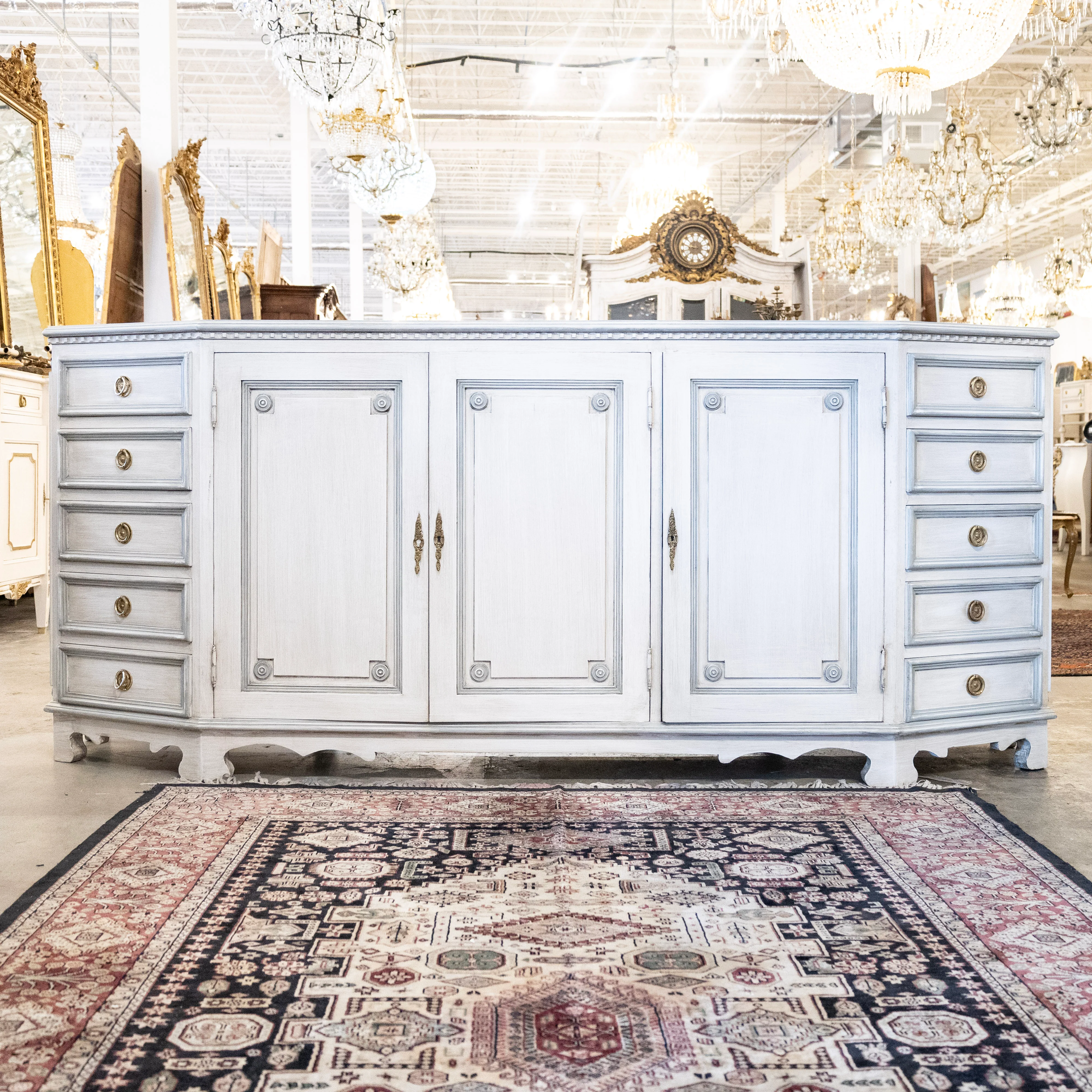 Swedish Carved 10-Drawer Sideboard – Blue Trim in Antique White