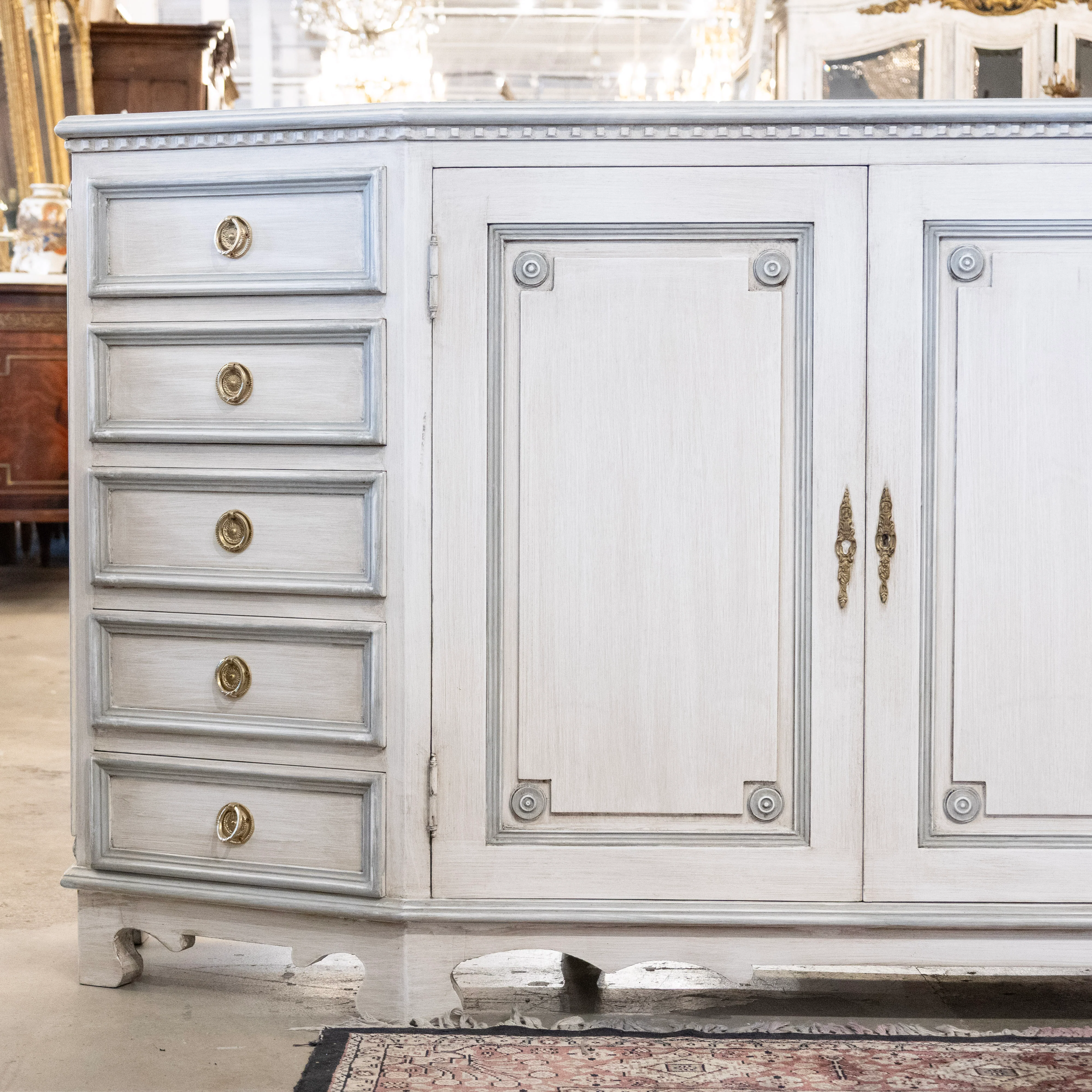 Swedish Carved 10-Drawer Sideboard – Blue Trim in Antique White - Image 2