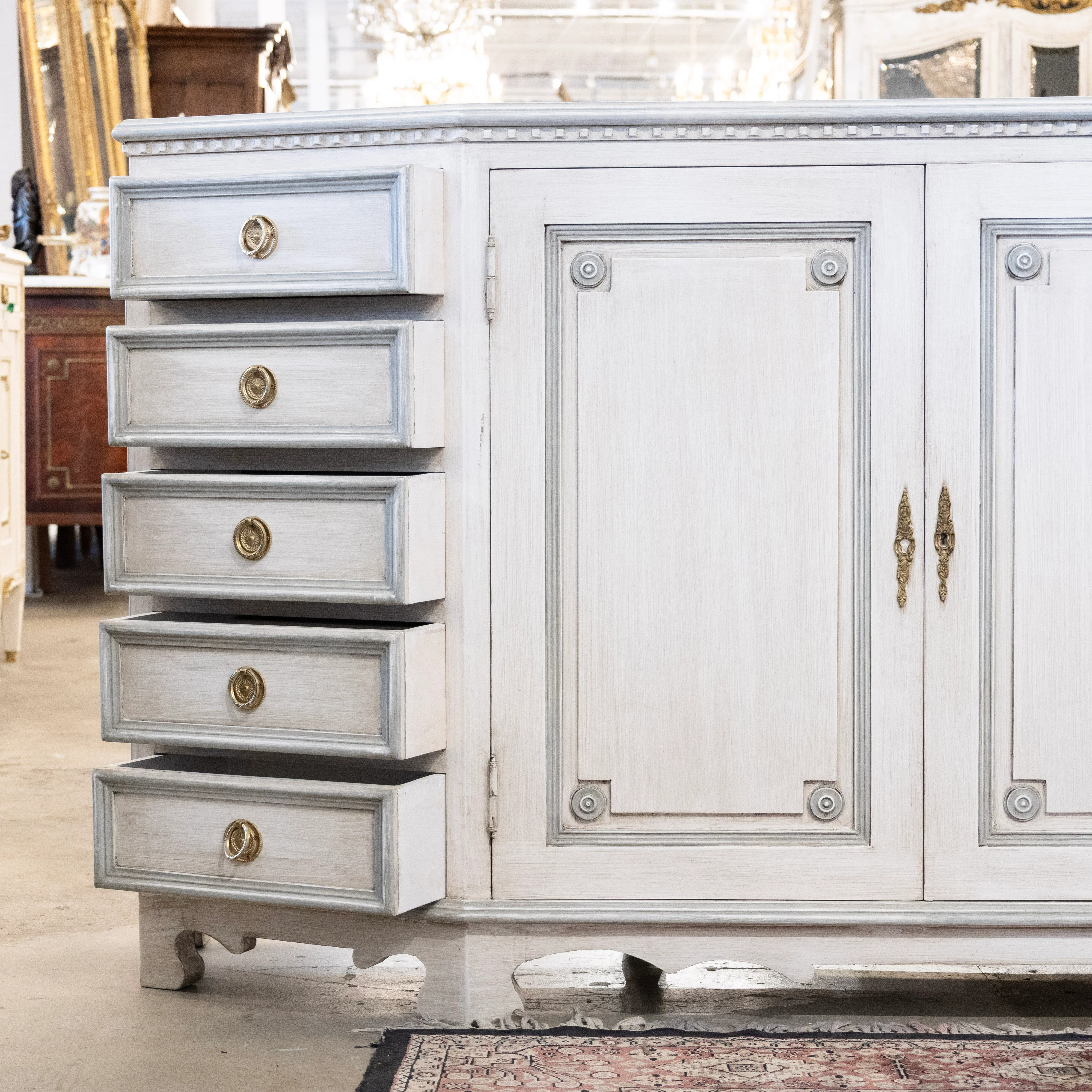 Swedish Carved 10-Drawer Sideboard – Blue Trim in Antique White - Image 3