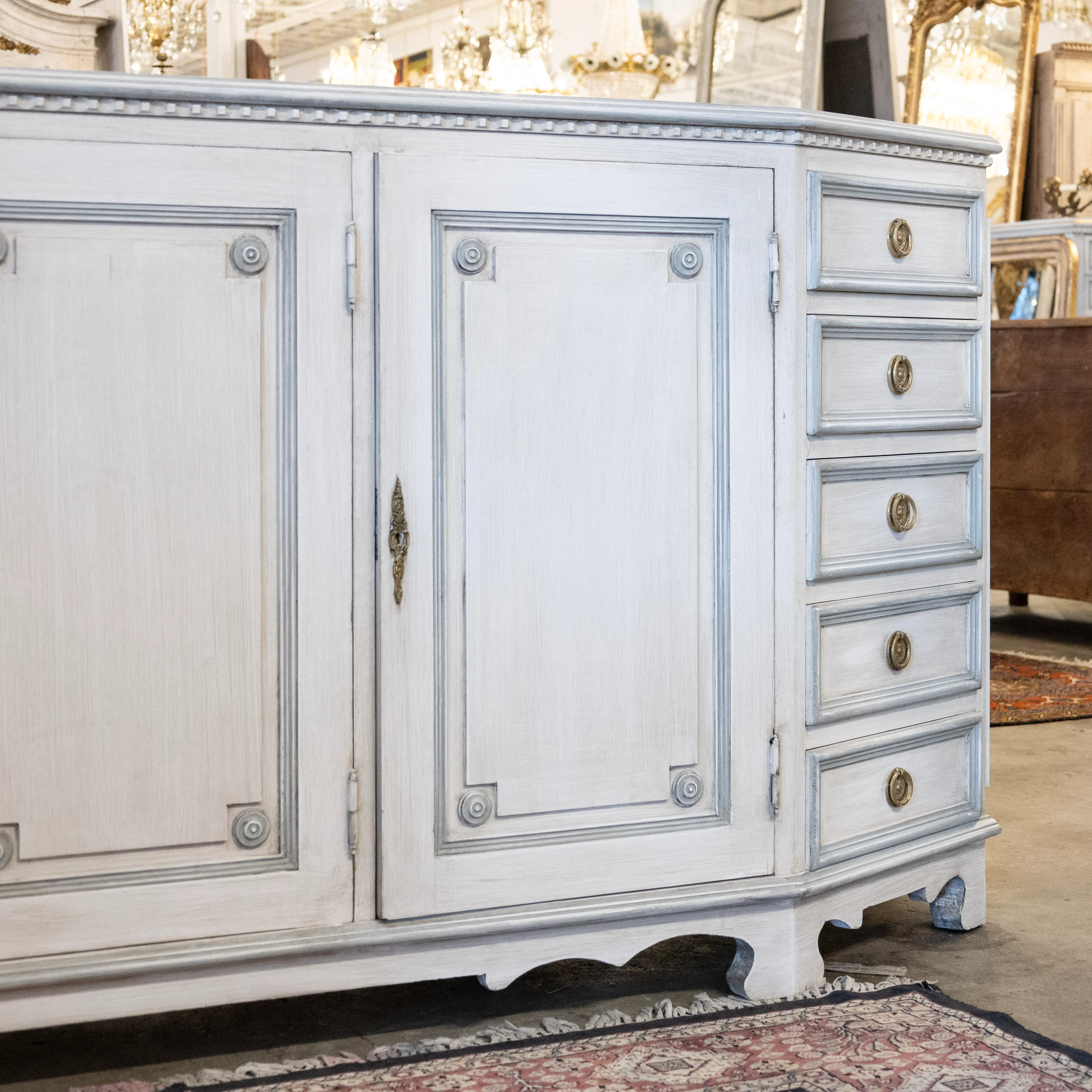Swedish Carved 10-Drawer Sideboard – Blue Trim in Antique White - Image 5