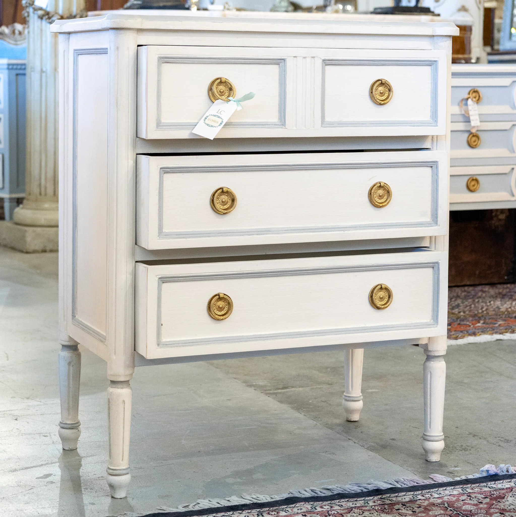 Swedish 3-Drawer Nightstand – Open Blue Trim & Large Brass Pulls in White - Image 3