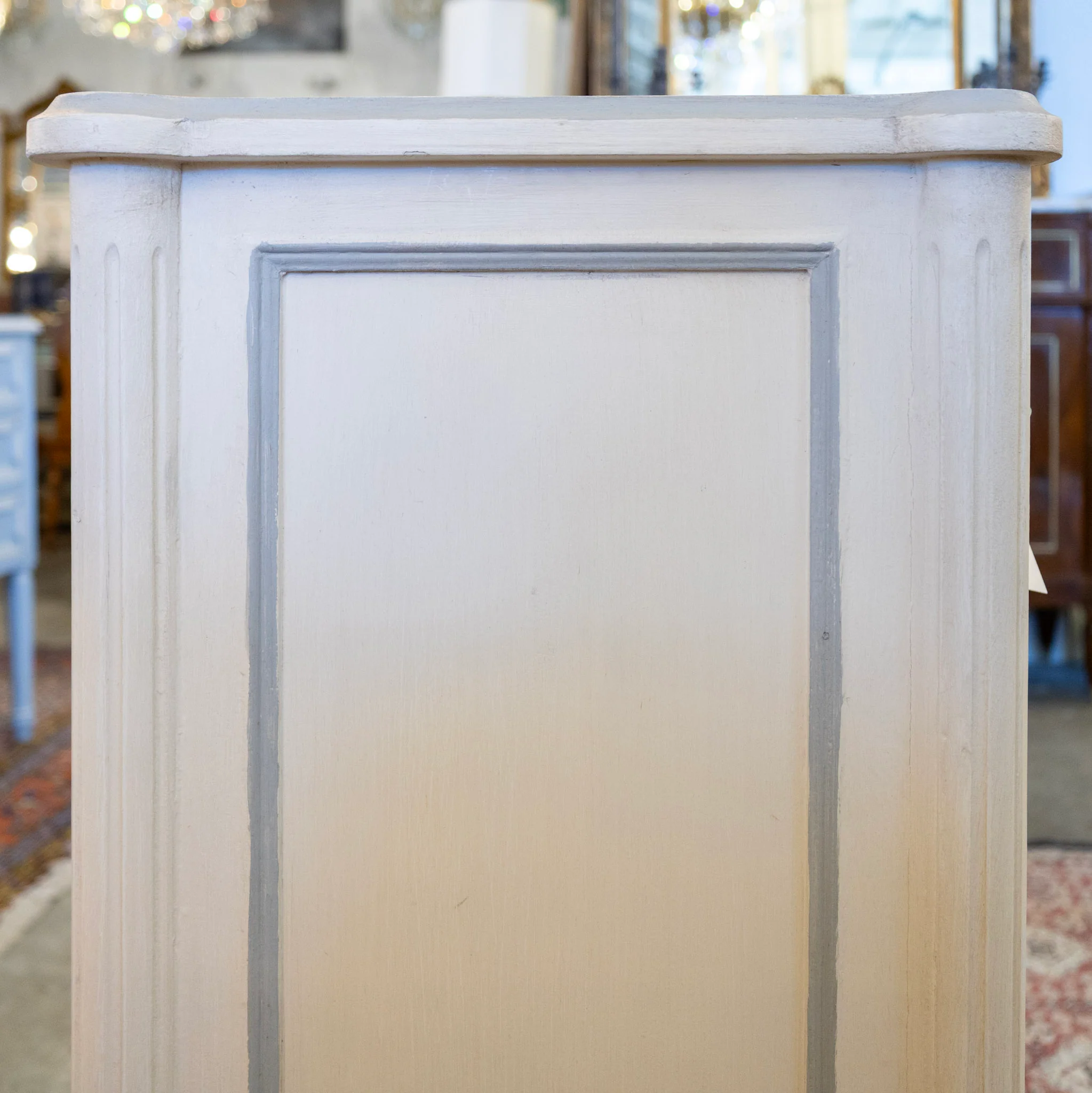 Swedish 3-Drawer Nightstand – Open Blue Trim & Large Brass Pulls in White - Image 4