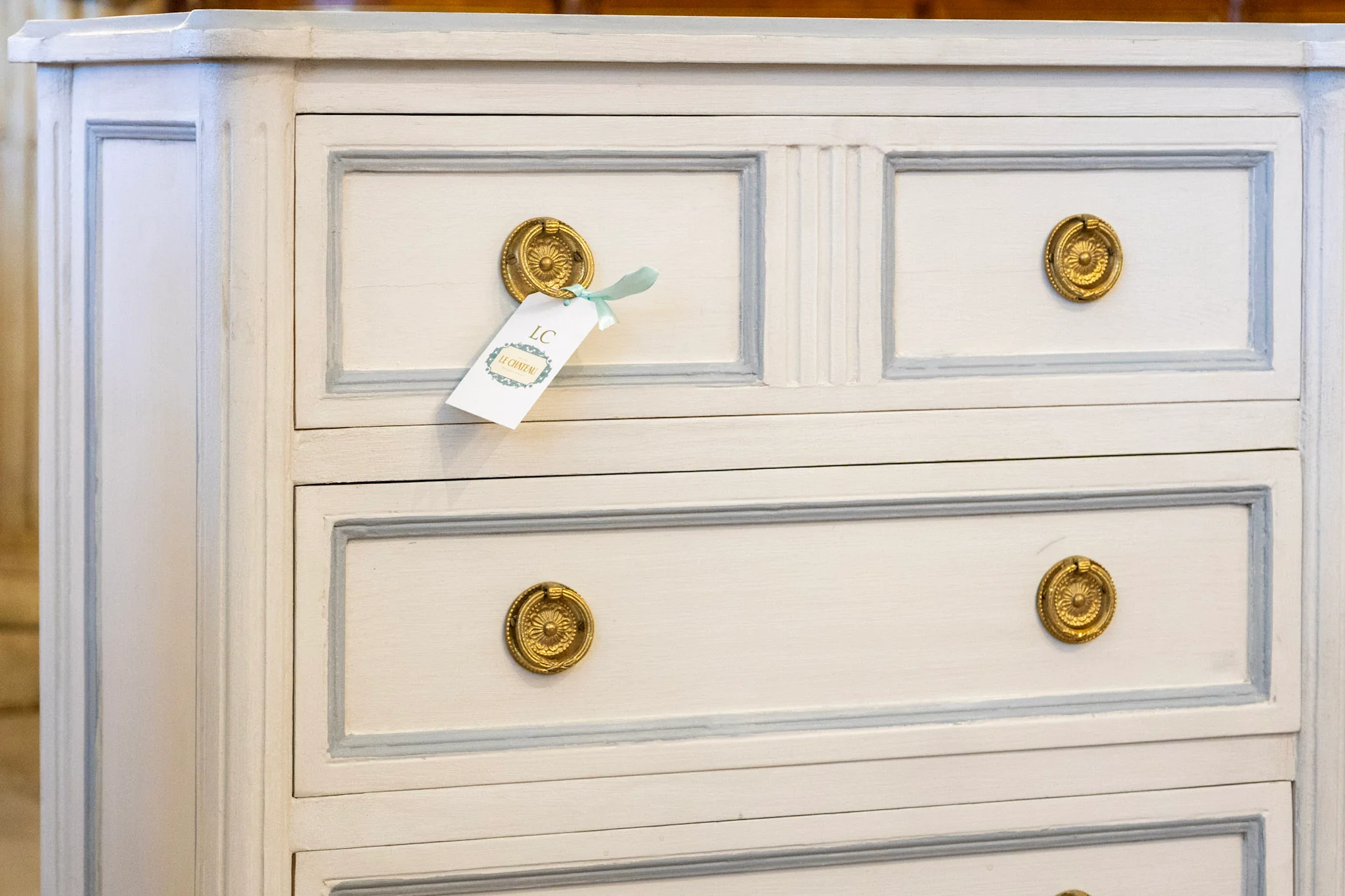 Swedish 3-Drawer Nightstand – Open Blue Trim & Large Brass Pulls in White - Image 5