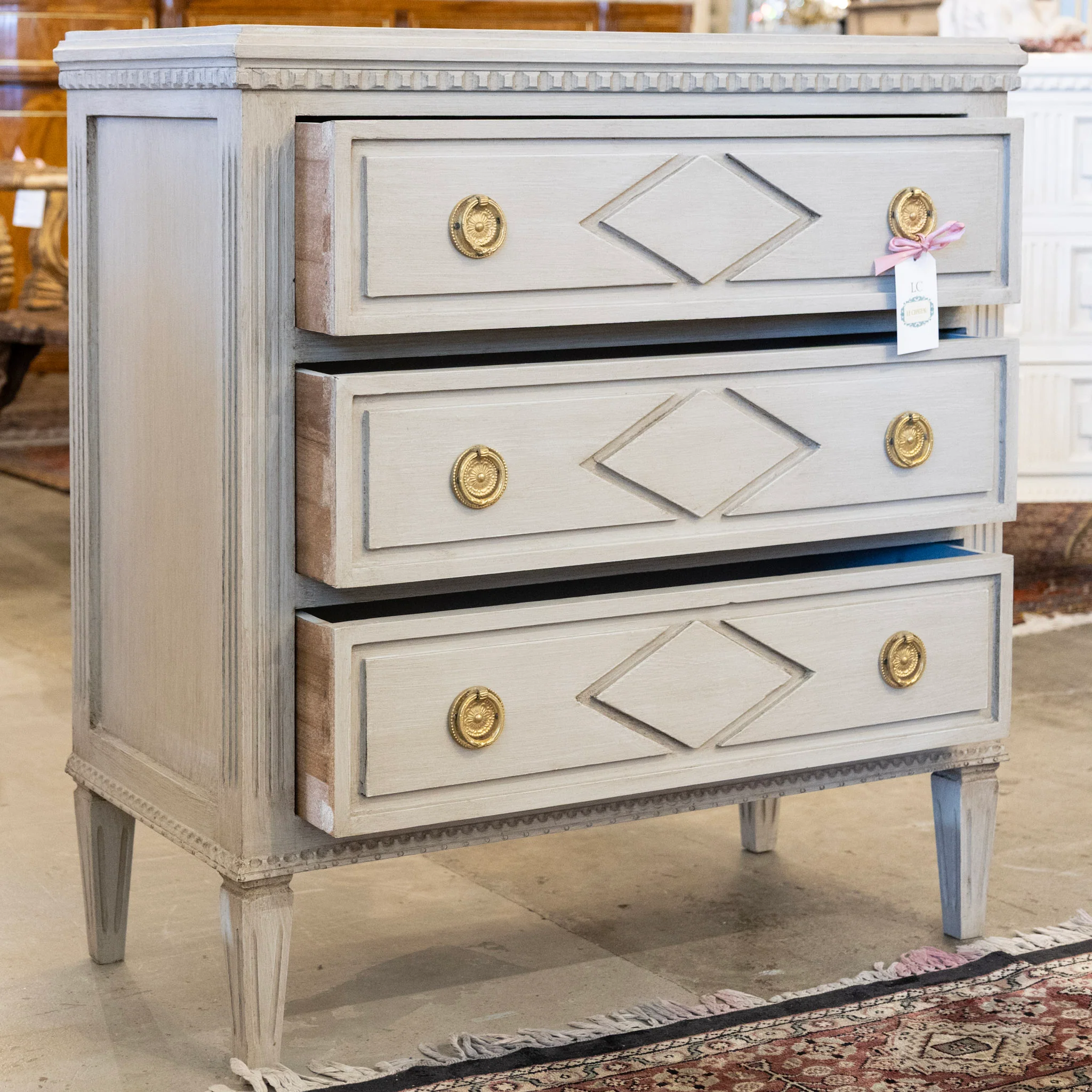 Swedish 3-Drawer Nightstand – Closed Diamond Trim & Brass Pulls in Grey - Image 3