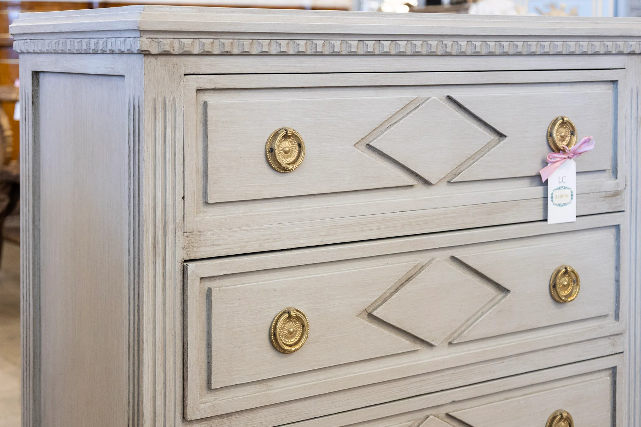 Swedish 3-Drawer Nightstand – Closed Diamond Trim & Brass Pulls in Grey - Image 5
