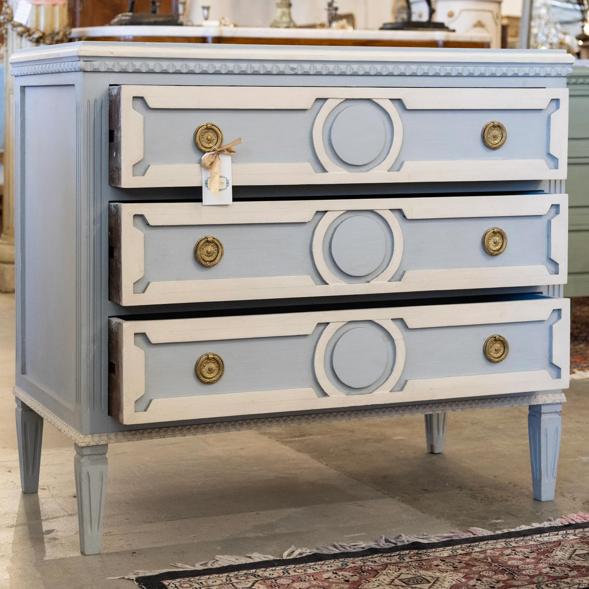 Swedish 3-Drawer Nightstand – Open Carved Circle White Trim in Blue - Image 3