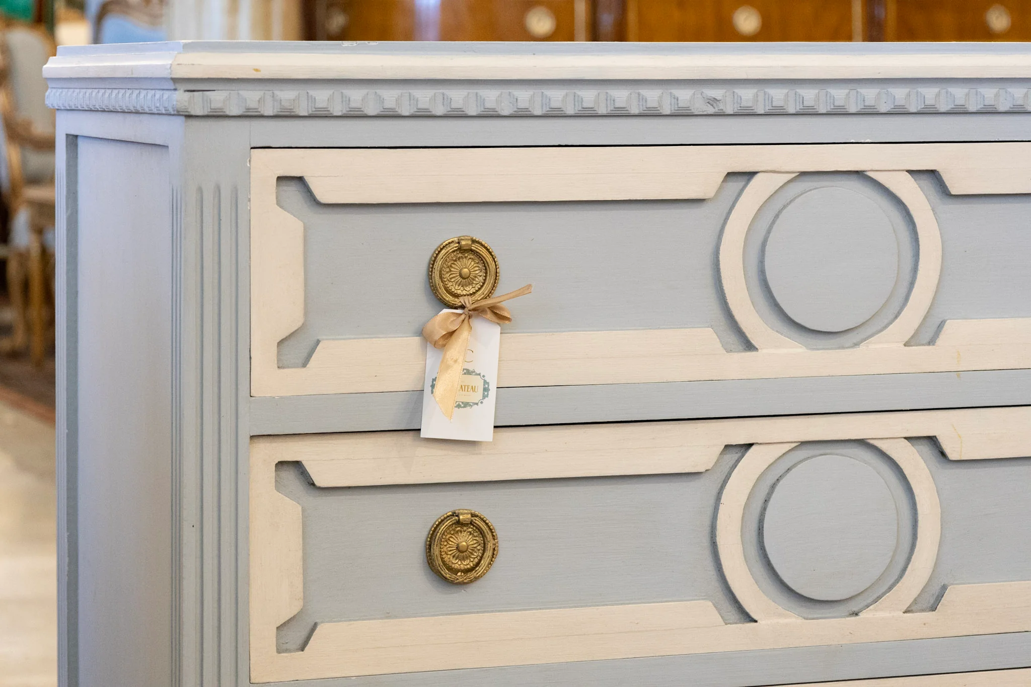 Swedish 3-Drawer Nightstand – Open Carved Circle White Trim in Blue - Image 5