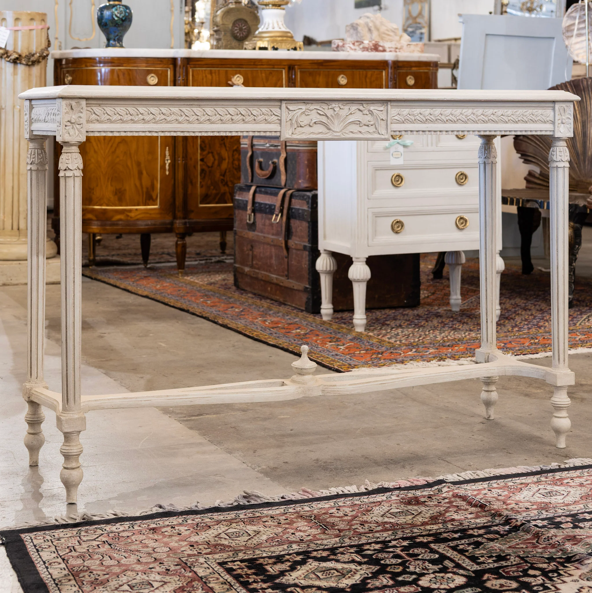 Swedish Console Table – Antique White Finish & Leaf Trim - Image 3