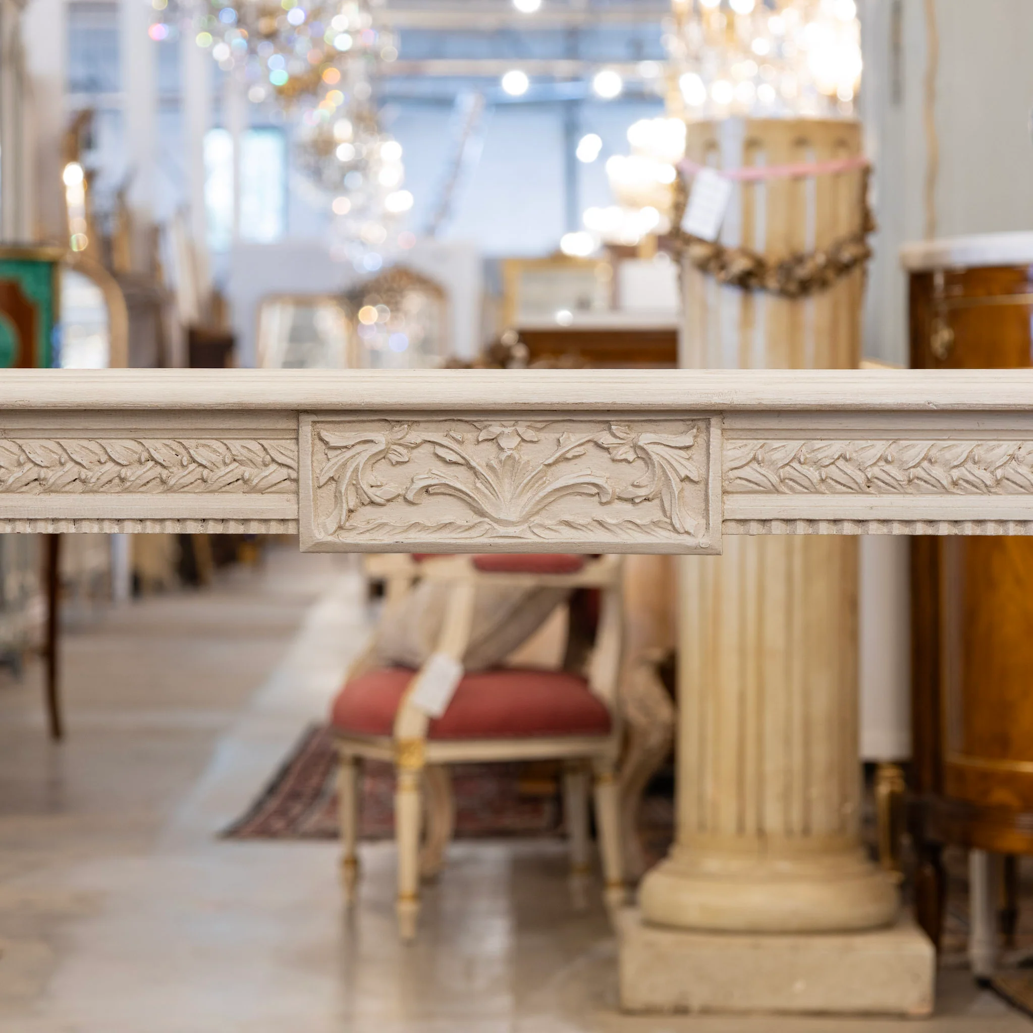 Swedish Console Table – Antique White Finish & Leaf Trim - Image 4