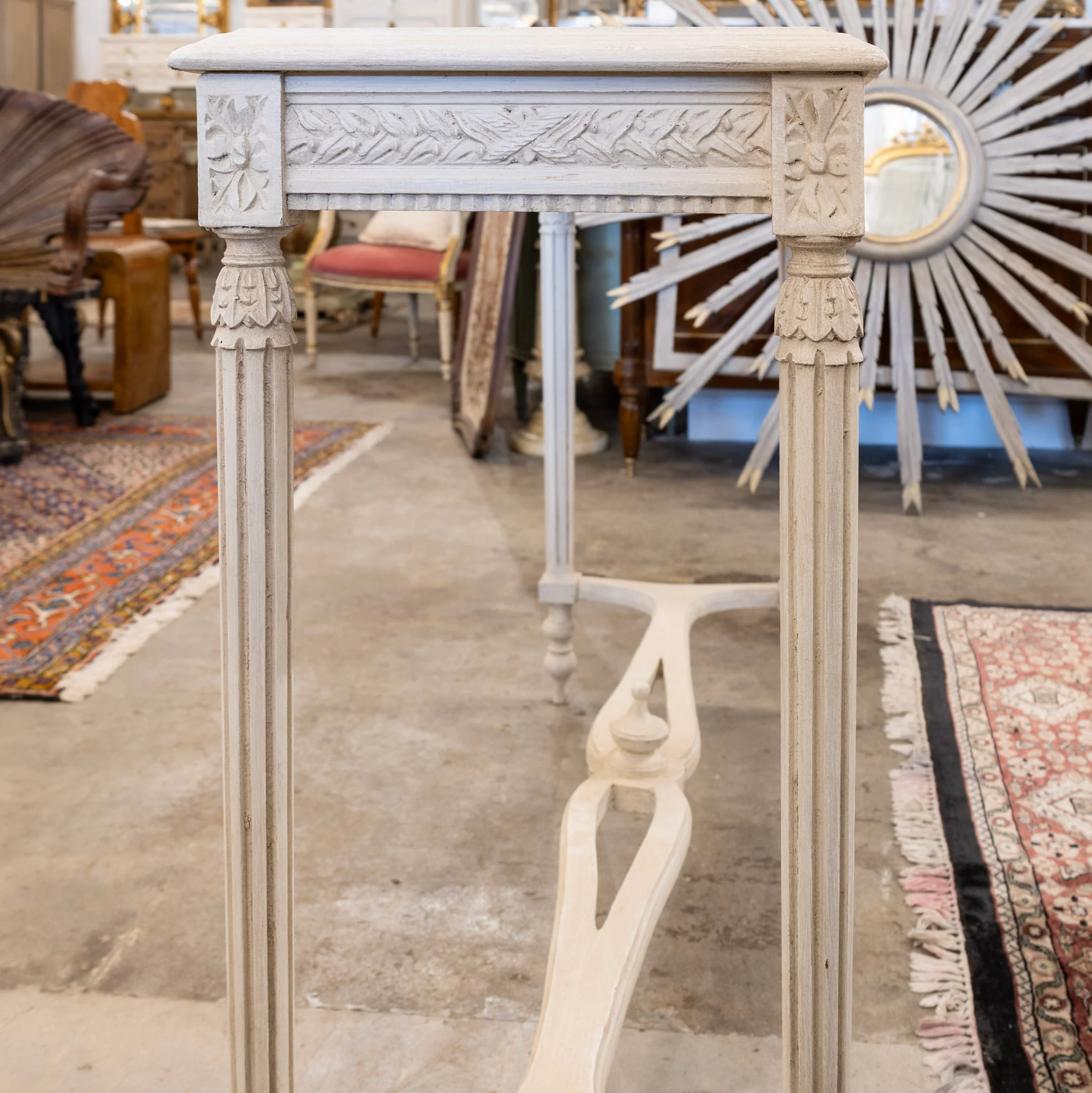 Swedish Console Table – Antique White Finish & Leaf Trim - Image 6