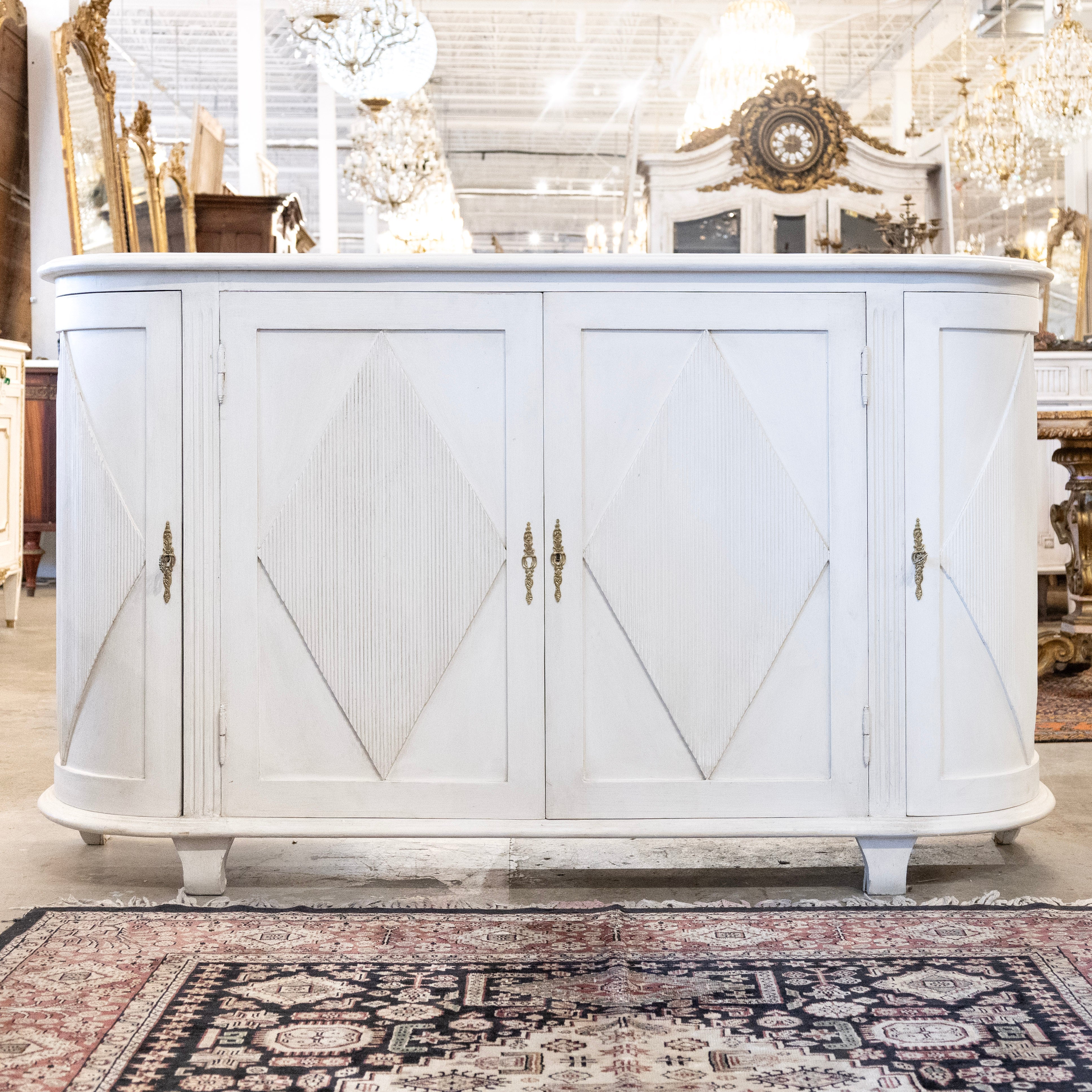 Swedish Demilune Sideboard –  Diamond Reeded Doors in Antique White